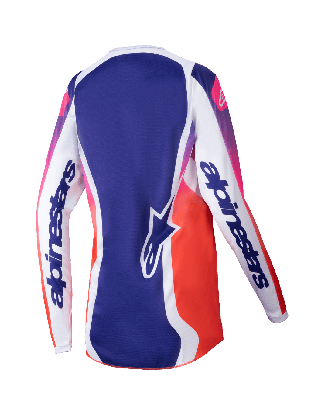Alpinestars 2025 Stella Fluid Wurx Damen-Trikot, Motocross-Trikot für Damen, Mehrfarbig Weiß mit blauem und pink-orangefarbenem Farbverlauf, Rückansicht mit weißen Ärmeln und markantem Branding, blaues Mittelteil mit Stern-Logo, feuchtigkeitsableitendes sportliches Design