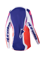 Alpinestars 2025 Stella Fluid Wurx Damen-Trikot, Motocross-Trikot für Damen, Mehrfarbig Weiß mit blauem und pink-orangefarbenem Farbverlauf, Rückansicht mit weißen Ärmeln und markantem Branding, blaues Mittelteil mit Stern-Logo, feuchtigkeitsableitendes sportliches Design