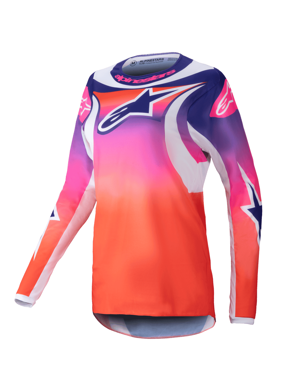 Alpinestars 2025 Stella Fluid Wurx Trikot, Damen-Motocross-Jersey, lila-pink-orangefarbener Farbverlauf mit marineblauen und weißen Stern-Grafiken, langärmelige sportliche Passform, Rundhalsausschnitt, Performance-Offroad-Bekleidung