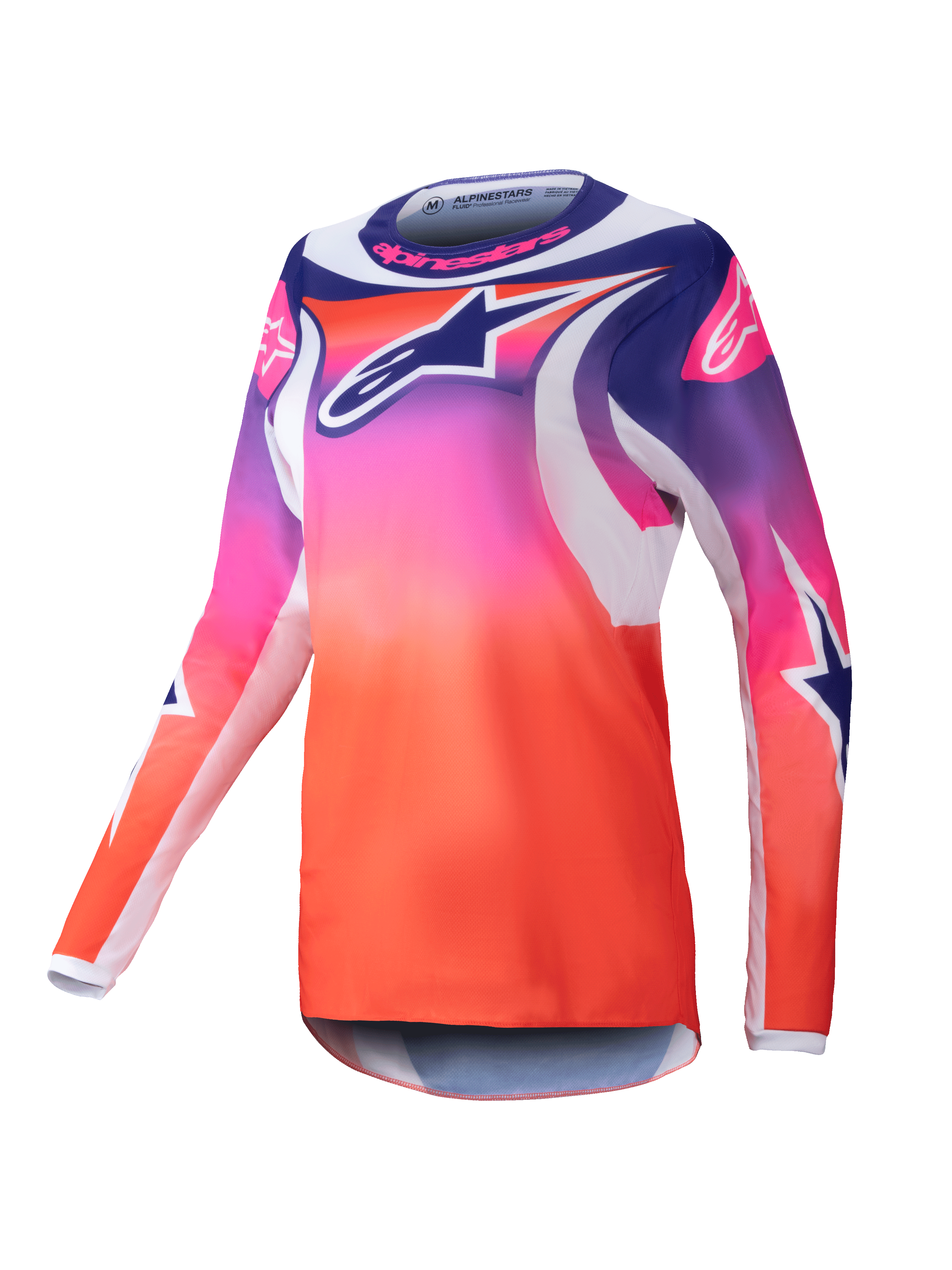 Alpinestars 2025 Stella Fluid Wurx Trikot, Damen-Motocross-Jersey, lila-pink-orangefarbener Farbverlauf mit marineblauen und weißen Stern-Grafiken, langärmelige sportliche Passform, Rundhalsausschnitt, Performance-Offroad-Bekleidung
