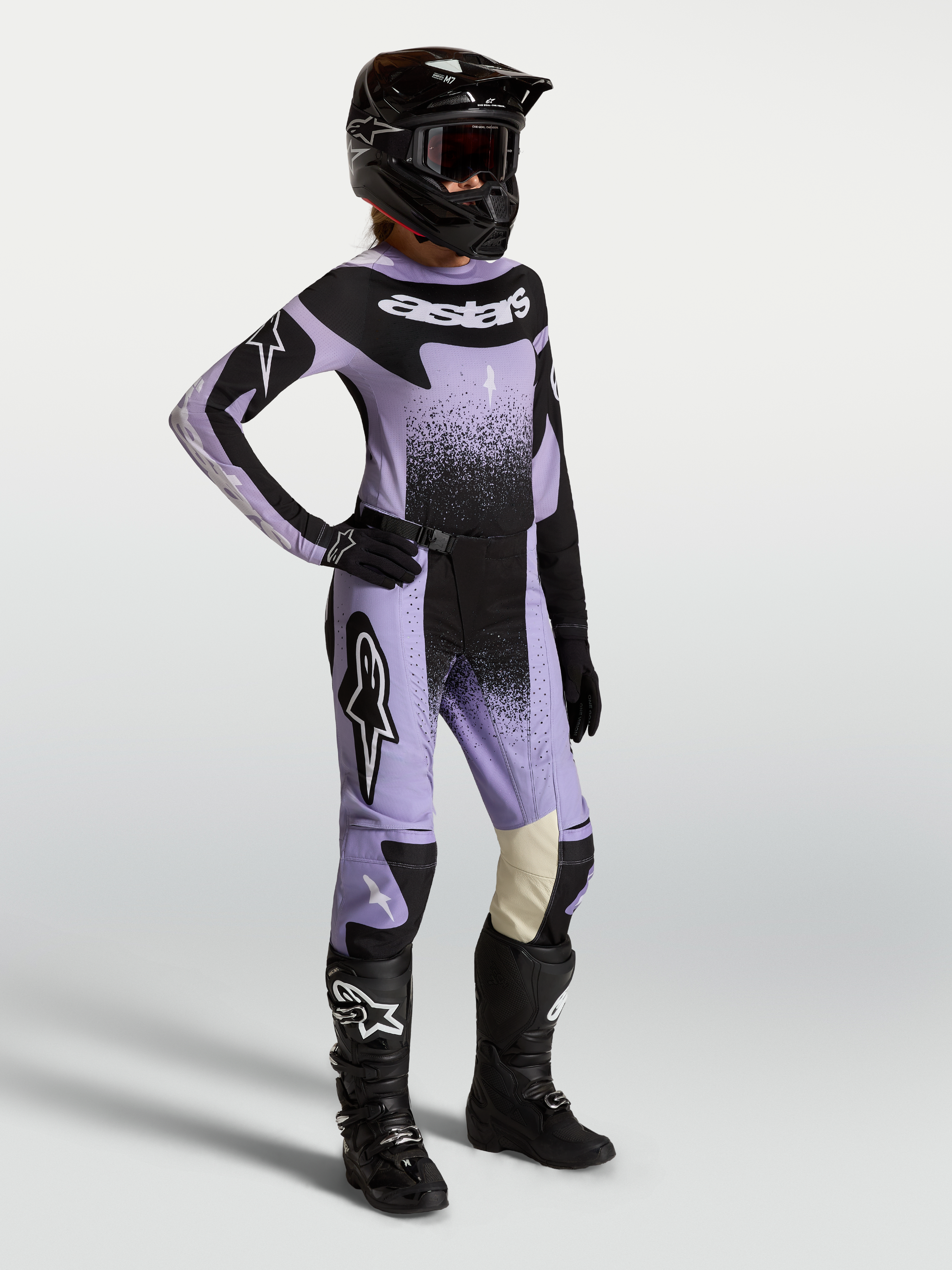 Alpinestars Stella Techstar Swan dames-motorcrossbroek, paars en zwart, duurzame off-road race-uitrusting.