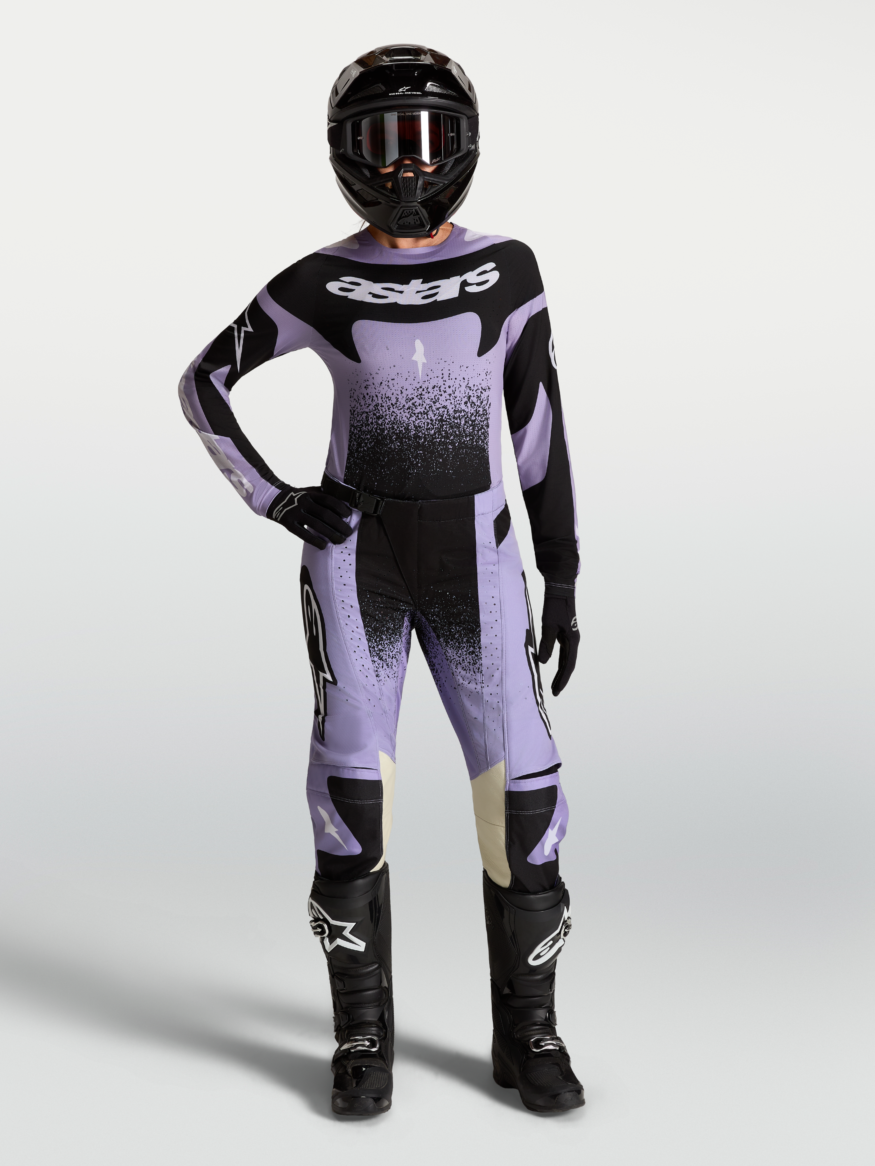 Alpinestars Stella Techstar Swan broek, dames-motorcrossbroek in paars en zwart, ontworpen voor off-road prestaties.