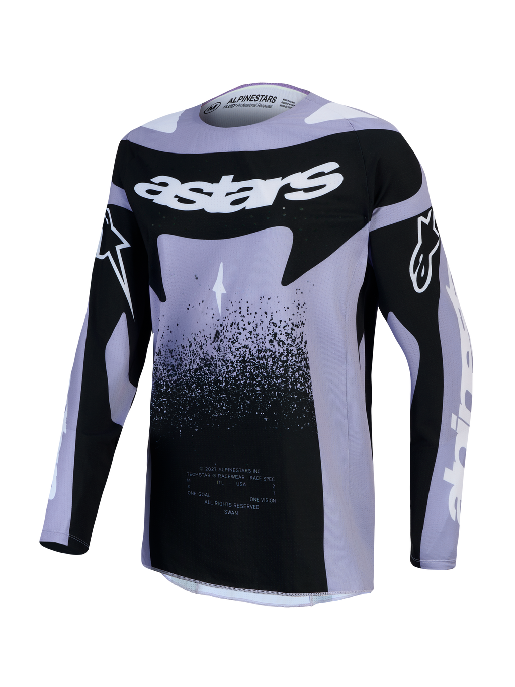 Alpinestars Stella Techstar Swan jersey, dames-motocrossjersey in lichtpaars en zwart met zwaanafbeeldingen.