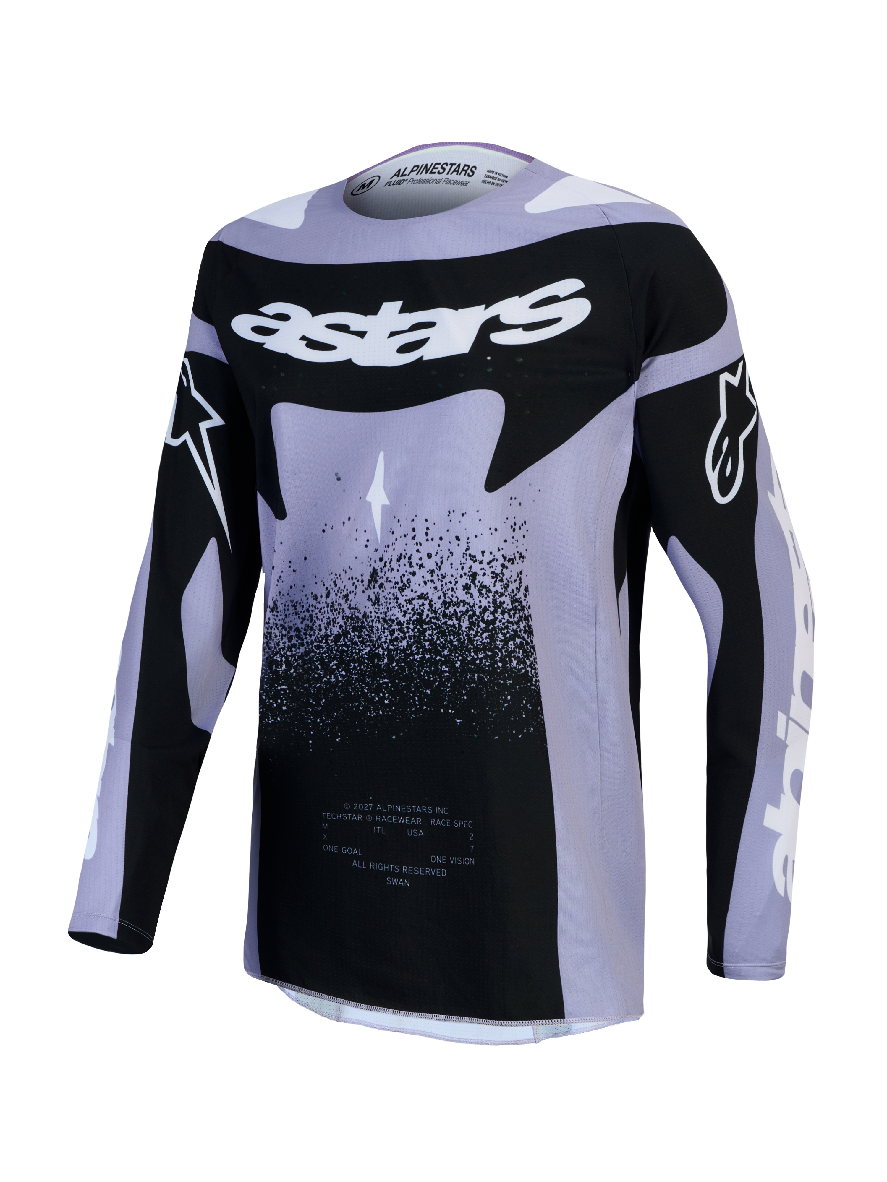 Alpinestars Stella Techstar Swan jersey, dames-motocrossjersey in lichtpaars en zwart met zwaanafbeeldingen.