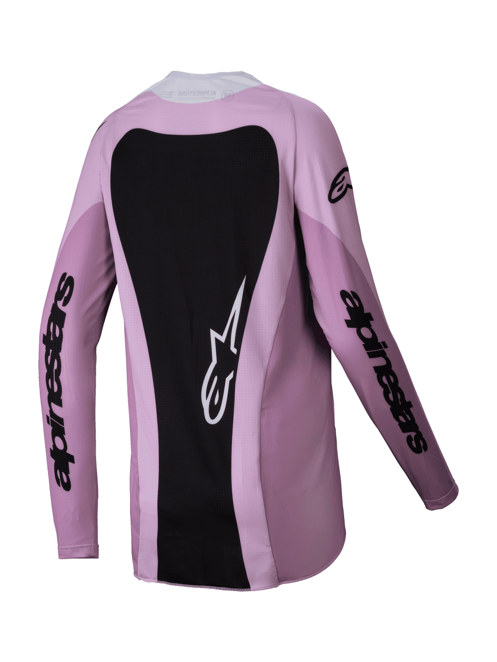 Alpinestars 2025 Stella Techstar Melt Trikot für Damen, Motocross-Trikot, Blush Black, Rückansicht mit einem großen schwarzen Rückeneinsatz mit weißem Astars-Logo, schwarzem Branding an den Ärmeln, leichte Poly-Gewebe-Konstruktion für Offroad-Rennsport