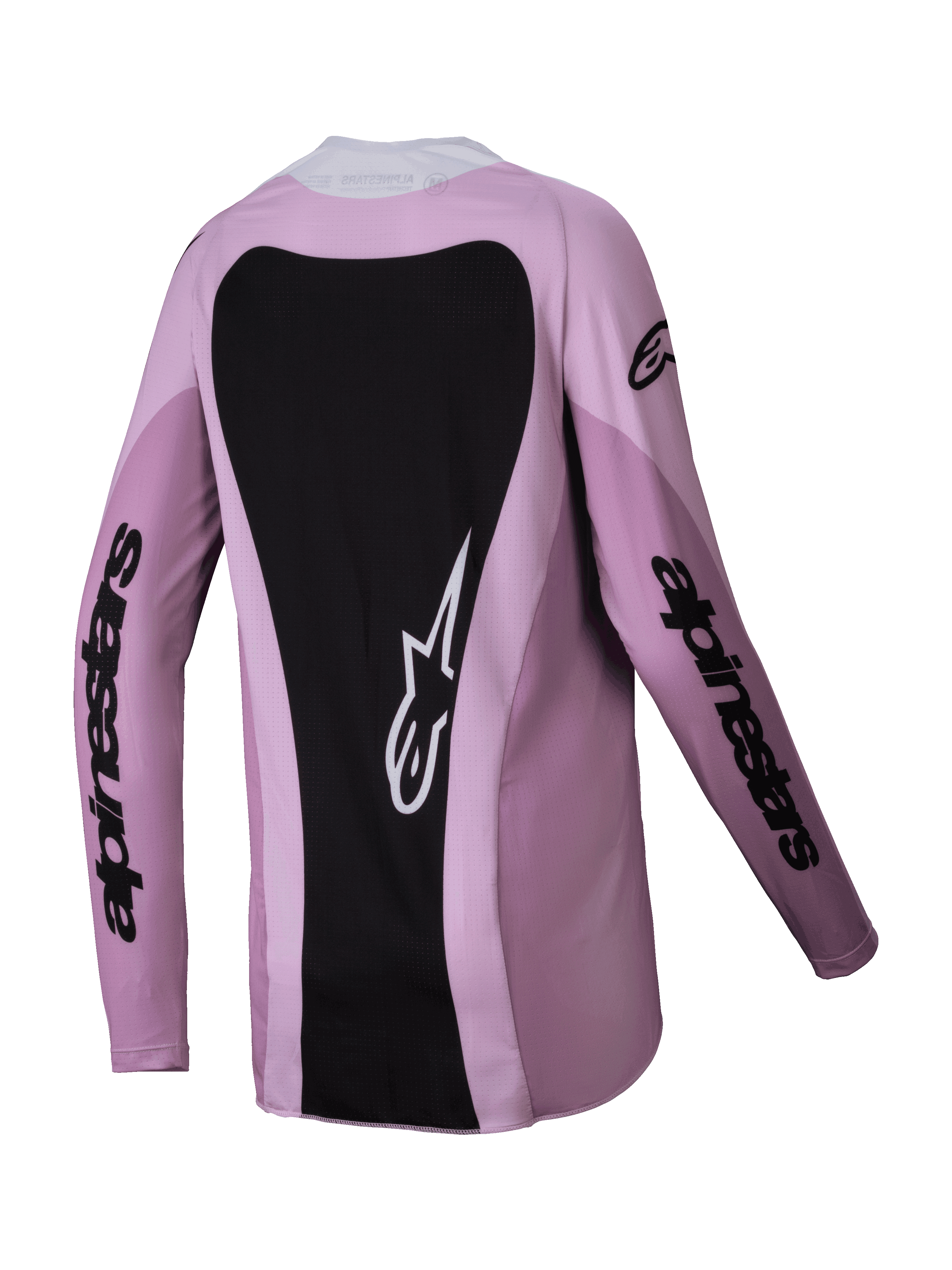Alpinestars 2025 Stella Techstar Melt Trikot für Damen, Motocross-Trikot, Blush Black, Rückansicht mit einem großen schwarzen Rückeneinsatz mit weißem Astars-Logo, schwarzem Branding an den Ärmeln, leichte Poly-Gewebe-Konstruktion für Offroad-Rennsport