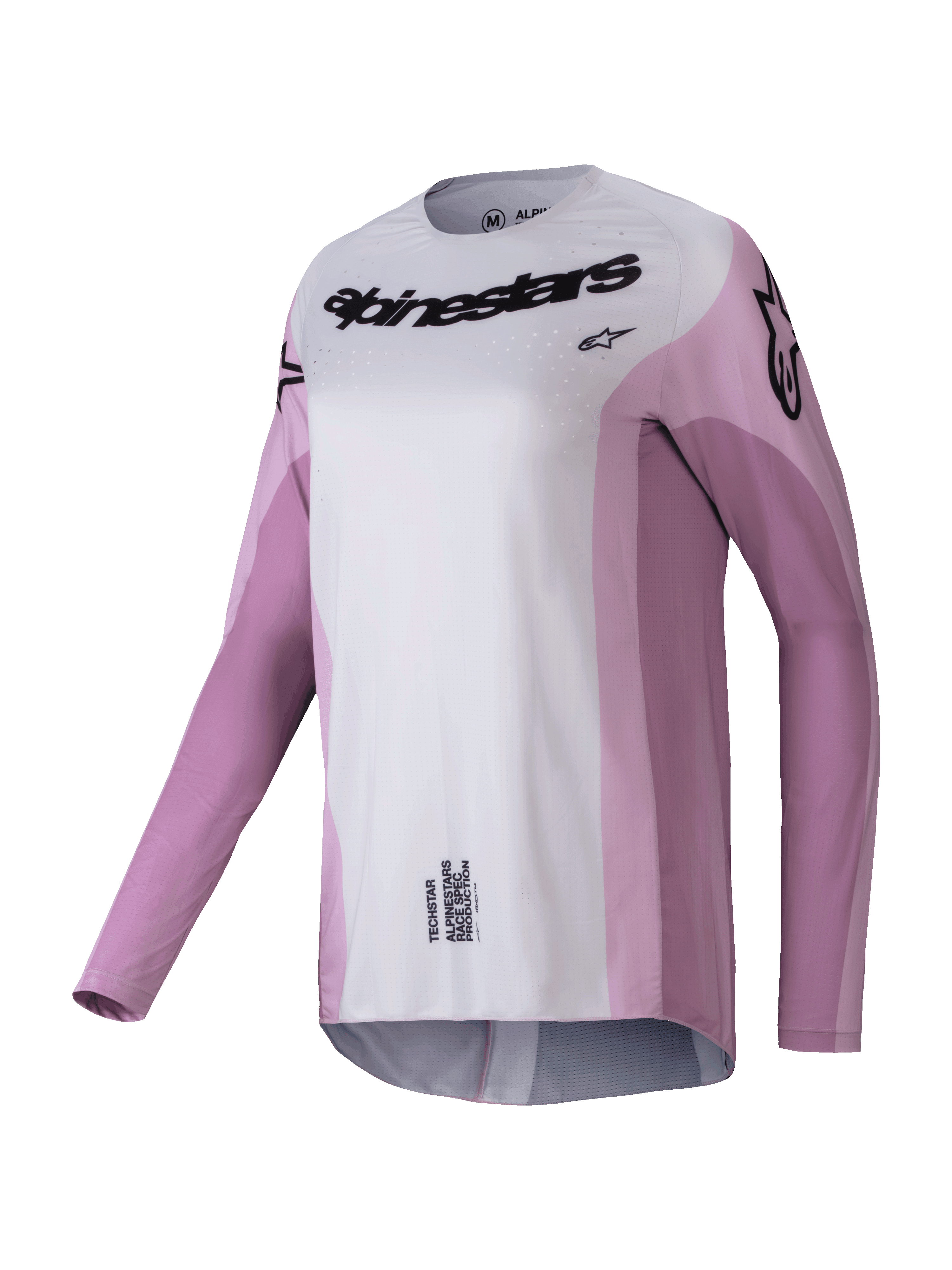 Alpinestars 2025 Stella Techstar Melt Jersey, motocross jersey voor dames met lange mouwen, blush roze en lichtgrijs met zwarte logo's, lasergesneden perforaties voor ventilatie, atletische racekleding