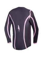 Alpinestars Stella Fluid Apex V2 dames motorcrossjersey, grijs en roze, achteraanzicht met verlengde achterkant.
