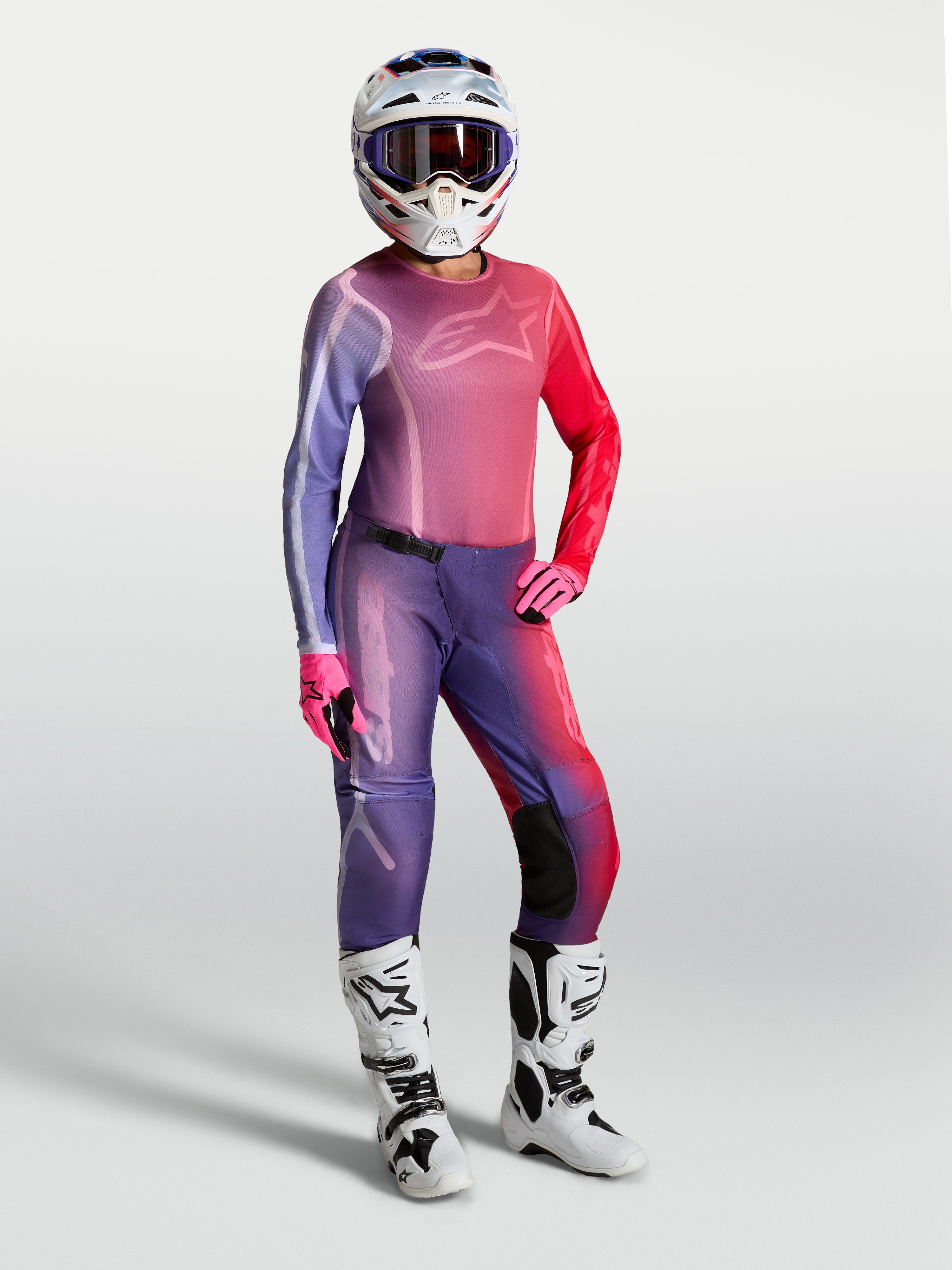 Stella Fluid Kepler Hose und Gear Set, Damen-Motocross-Outfit, Lila und Rot mit Farbverlauf, sportliche Offroad-Passform.
