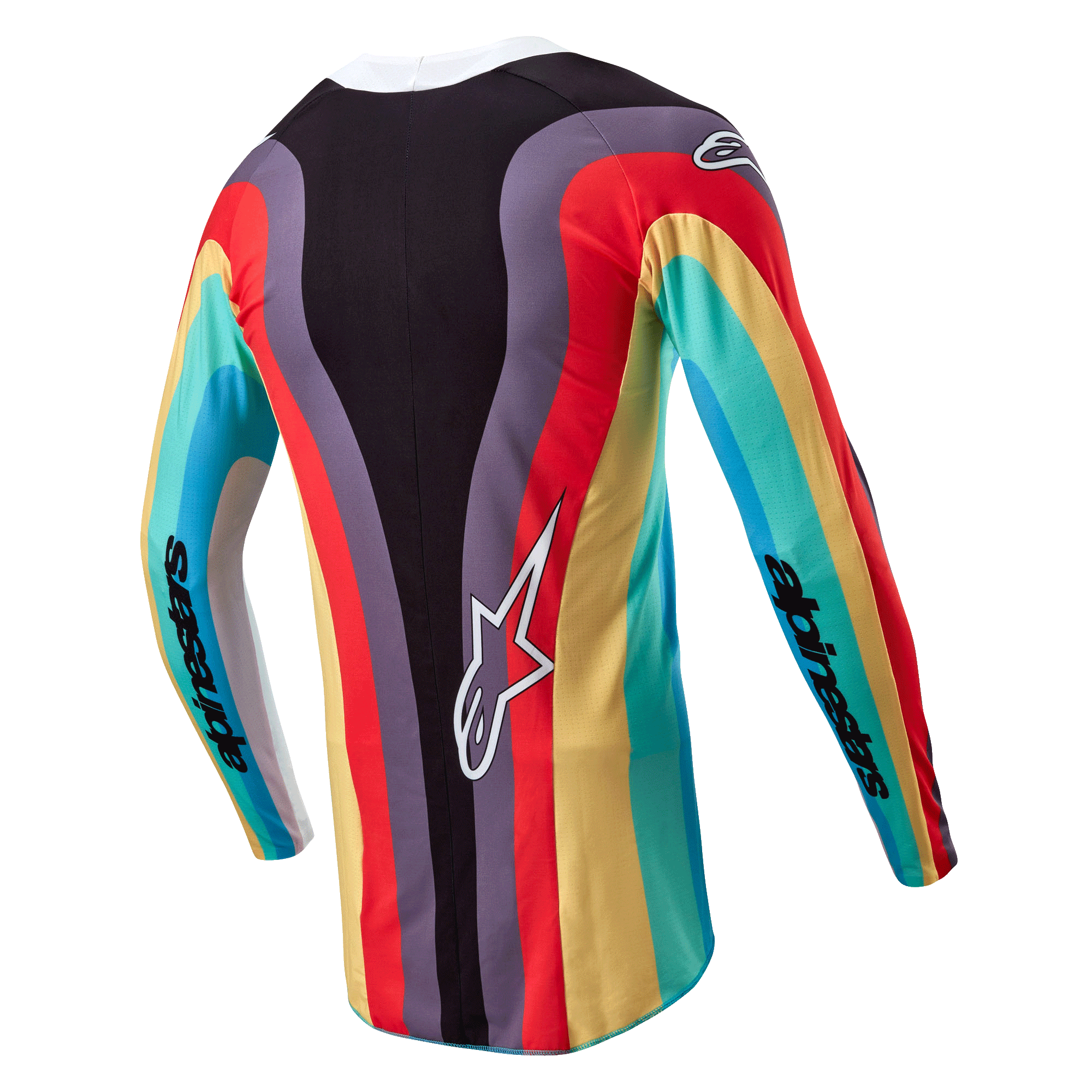 Alpinestars Stella 2024 Techstar Jersey, dames motorcross shirt, zwart multicolor, achteraanzicht met een levendig golvend veelkleurig patroon in rood, geel en turkoois, wit Astar-logo onderaan de rug, Alpinestars-branding op de mouwen.