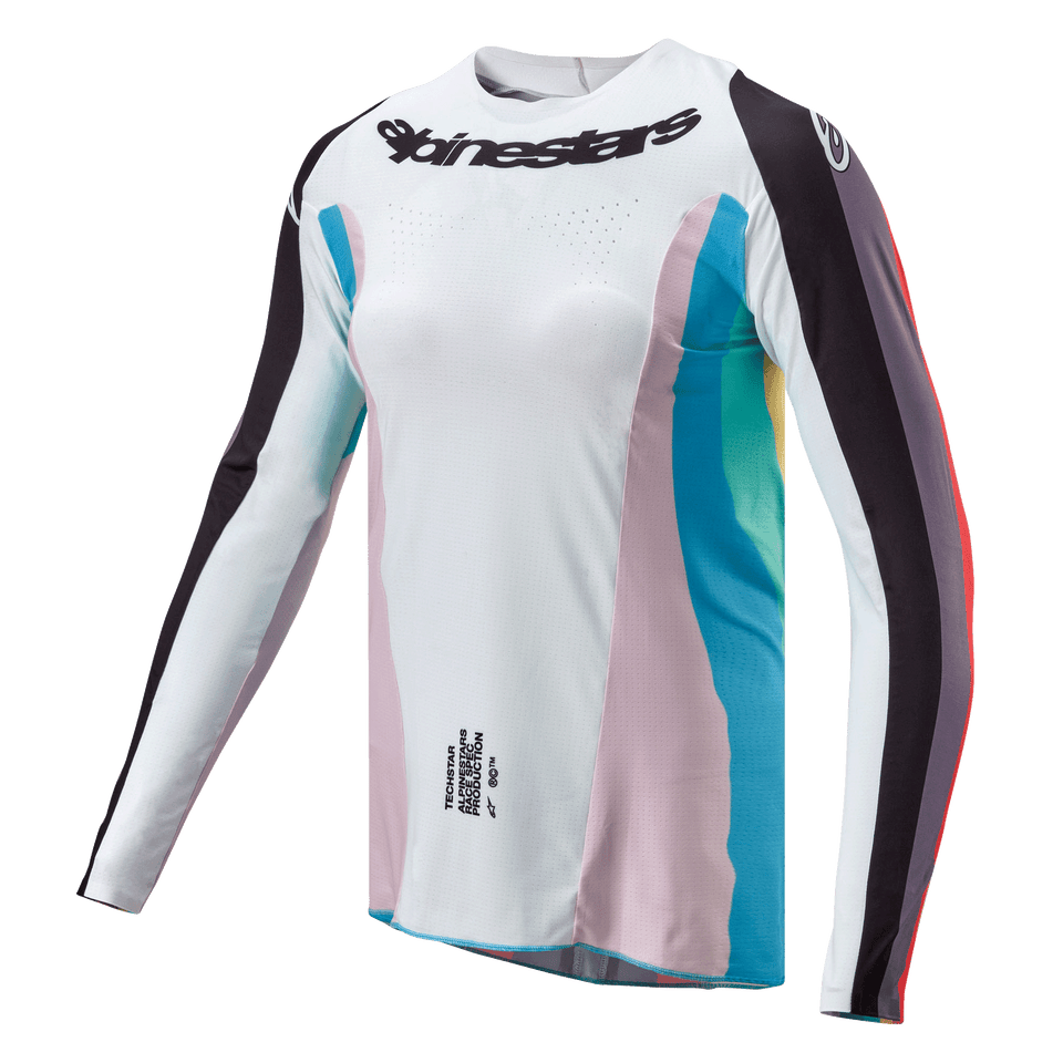 Alpinestars Stella 2024 Techstar Jersey voor dames, motorcross shirt, zwart meerkleurig, wit rompdeel met roze en teal zijpanelen, zwart gestreepte mouwen, Alpinestars-logo op de borst, atletische damespasvorm met ventilatieperforaties