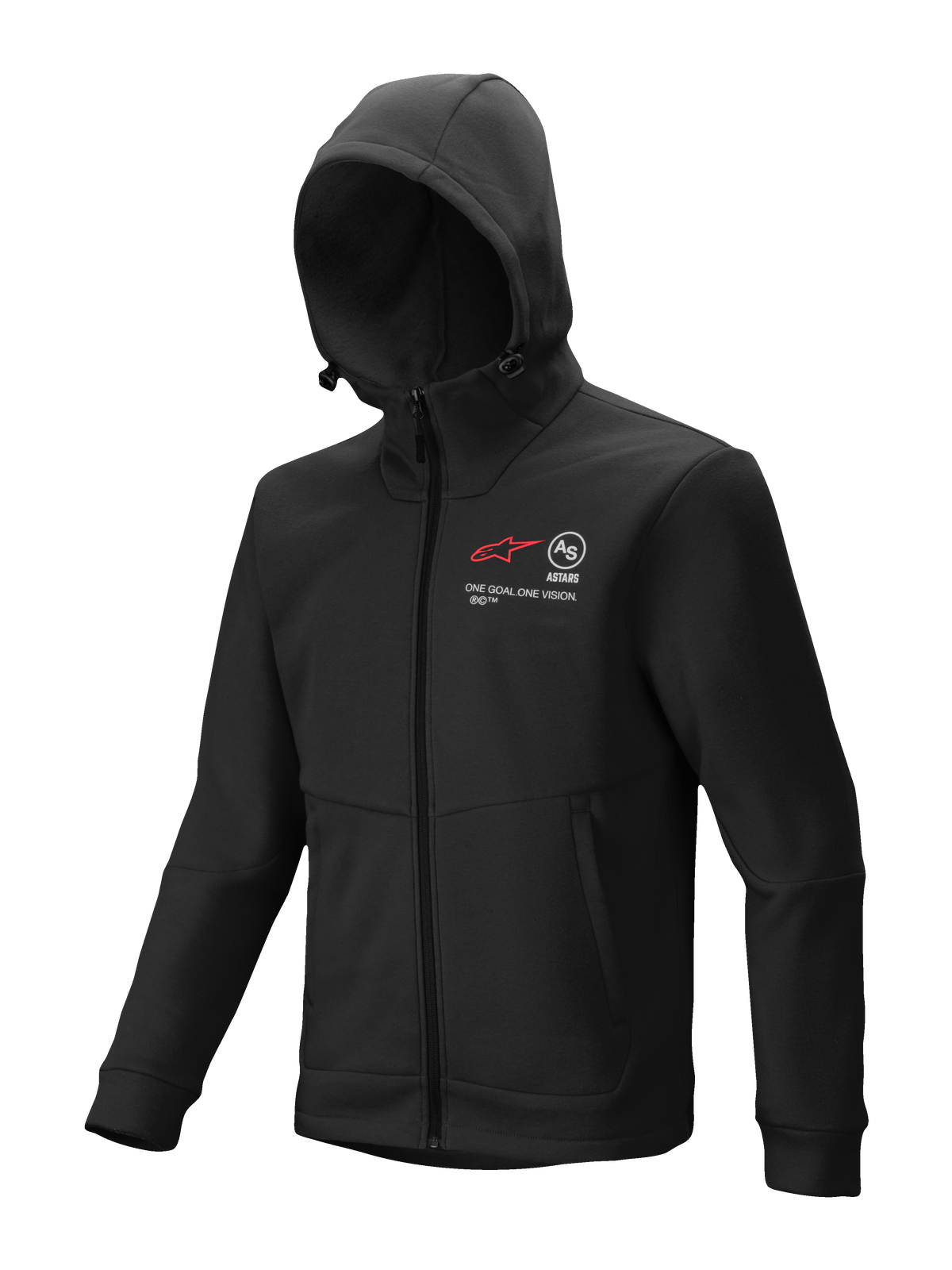 Alpinestars Racer MX Fleece, schwarzer Kapuzenpullover mit durchgehendem Reißverschluss, Motocross- und Offroad-Fahrbekleidung, rot-weiße Grafiken auf der Brust mit „ONE GOAL. ONE VISION.“ Schriftzug, verstellbare Kapuze mit Kordelstoppern, Seitentaschen mit Reißverschluss, ergonomische Passform für den Einsatz an der Rennstrecke oder beim Fahren