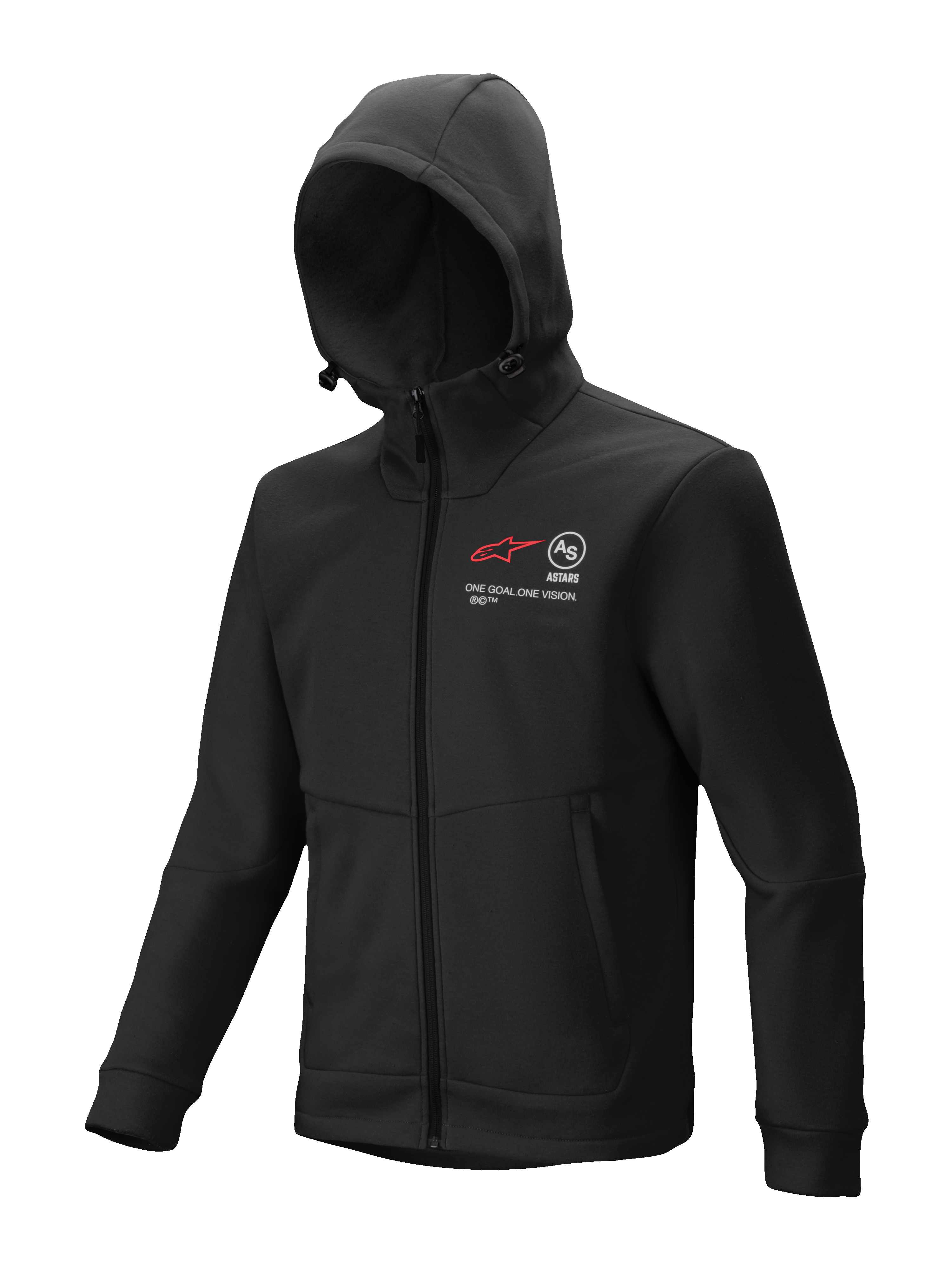 Alpinestars Racer MX Fleece, schwarzer Kapuzenpullover mit durchgehendem Reißverschluss, Motocross- und Offroad-Fahrbekleidung, rot-weiße Grafiken auf der Brust mit „ONE GOAL. ONE VISION.“ Schriftzug, verstellbare Kapuze mit Kordelstoppern, Seitentaschen mit Reißverschluss, ergonomische Passform für den Einsatz an der Rennstrecke oder beim Fahren