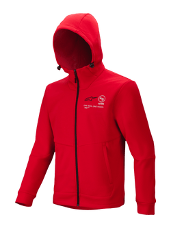 Alpinestars Racer MX Fleece, leuchtend roter Motocross-Hoodie, durchgehender schwarzer Reißverschluss, verstellbare Kapuze, weißes Astars- und „One Goal One Vision“-Logo auf der Brust, Seitentaschen mit Reißverschluss, Motorsport-Freizeitbekleidung