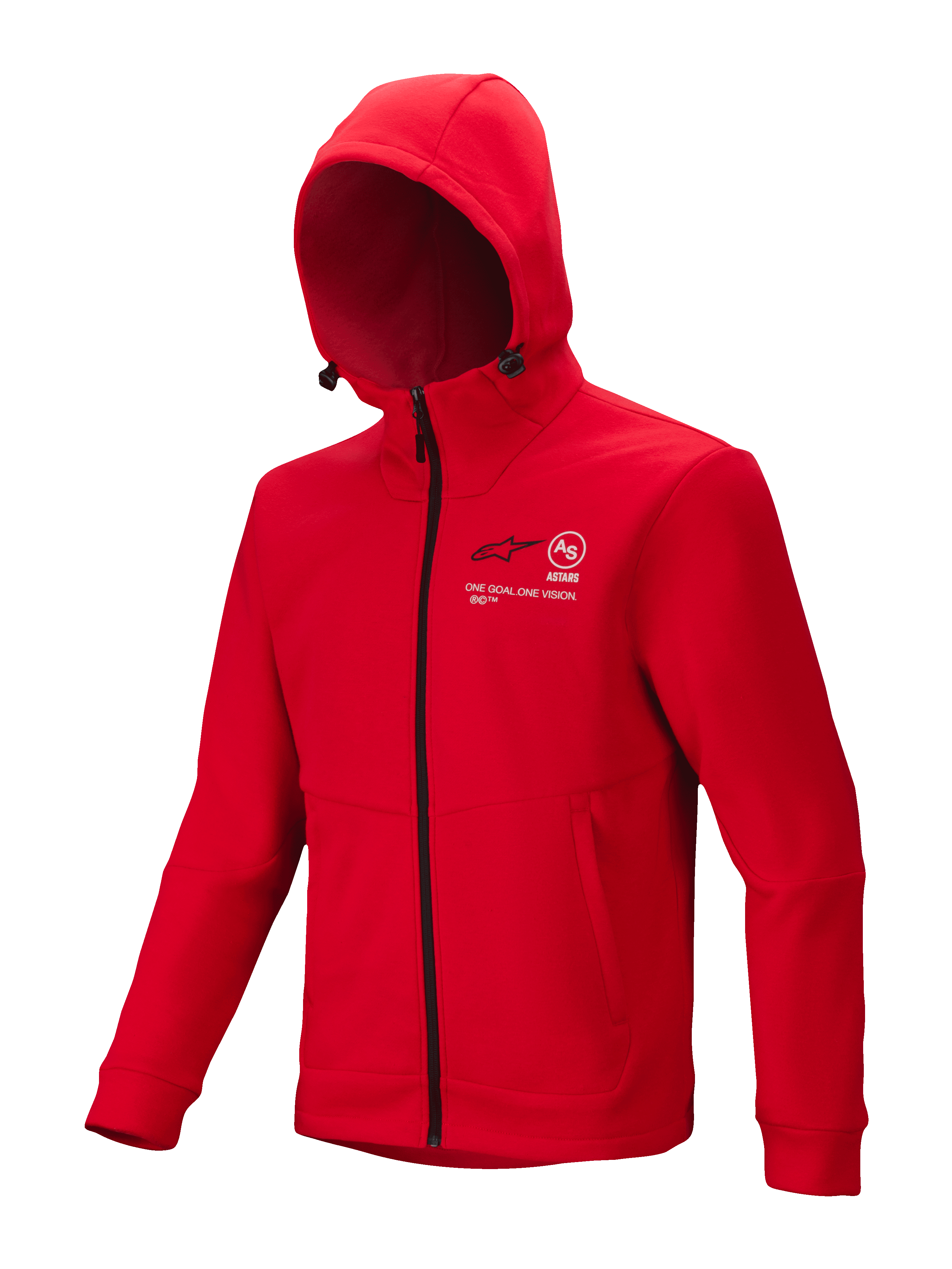 Alpinestars Racer MX Fleece, leuchtend roter Motocross-Hoodie, durchgehender schwarzer Reißverschluss, verstellbare Kapuze, weißes Astars- und „One Goal One Vision“-Logo auf der Brust, Seitentaschen mit Reißverschluss, Motorsport-Freizeitbekleidung