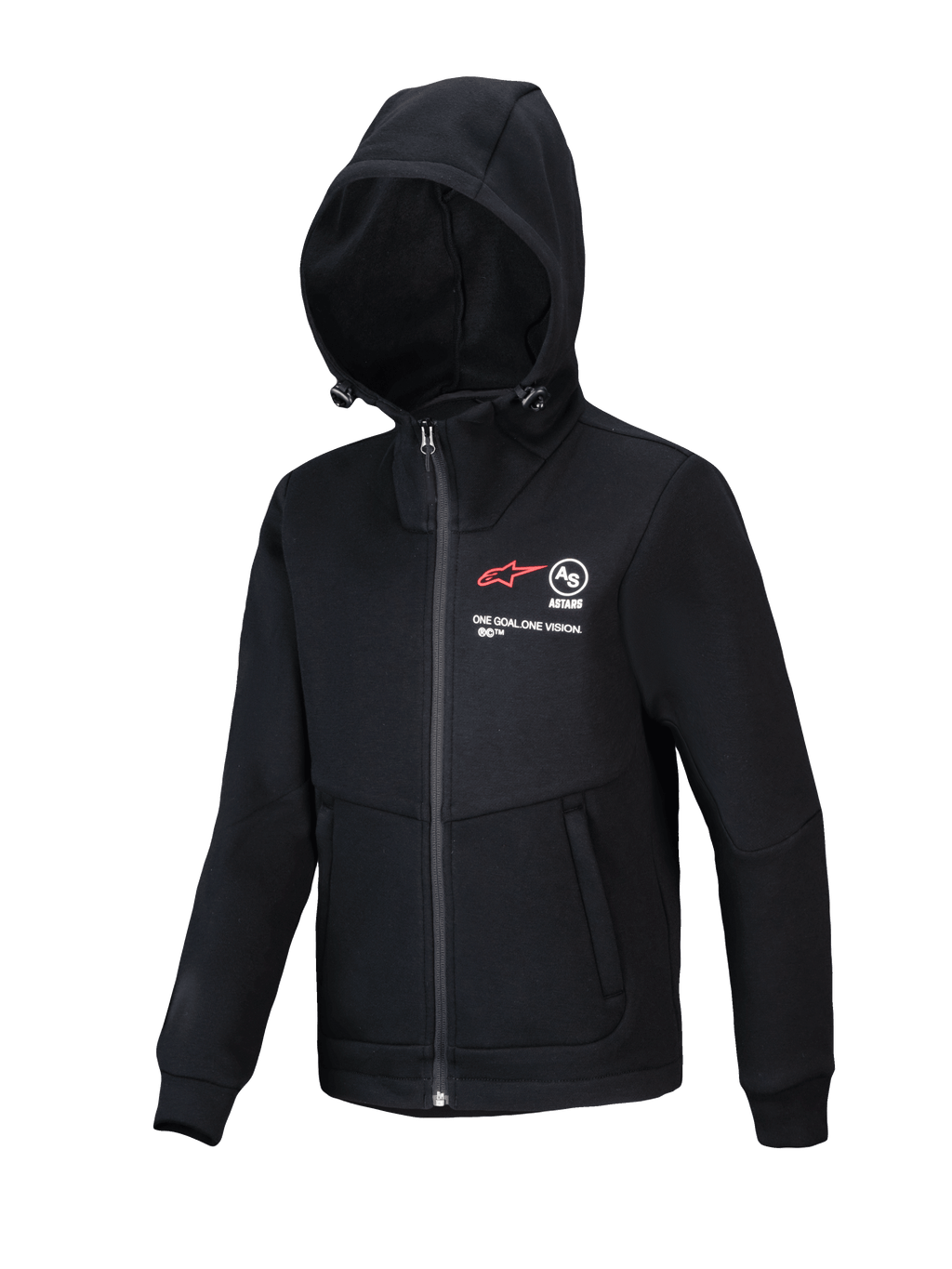 Alpinestars Youth Racer MX Fleece, zwarte motorcross hoodie, vest met volledige ritssluiting en verstelbare capuchon, voorzien van rood A-star logo en 'ONE GOAL. ONE VISION.' branding, steekzakken met rits, casual kleding voor jeugdrijders