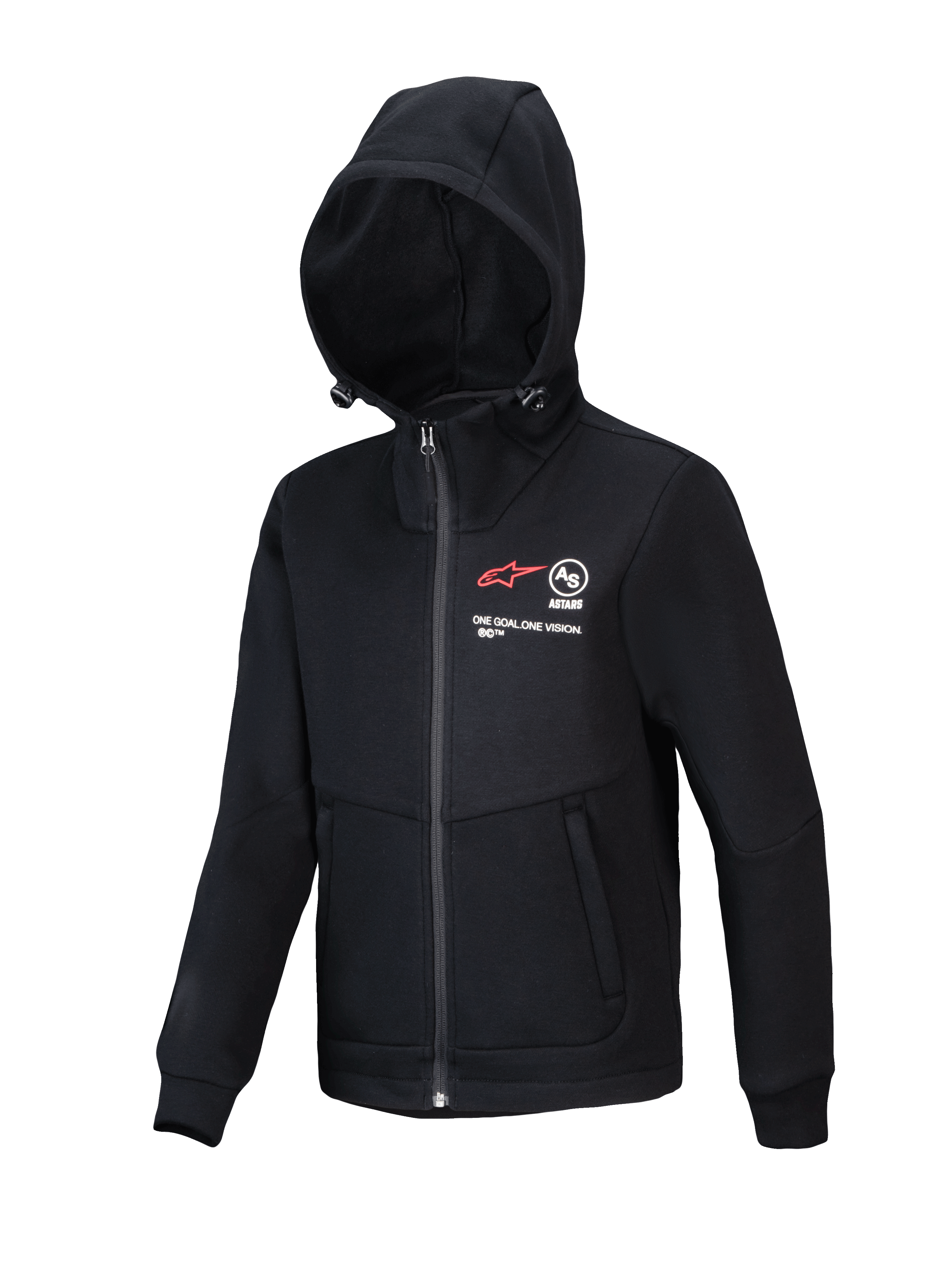 Alpinestars Youth Racer MX Fleece, schwarzer Motocross-Hoodie, Fleecejacke mit durchgehendem Reißverschluss und verstellbarer Kapuze, mit rotem A-Star-Logo und „ONE GOAL. ONE VISION.“-Schriftzug, Reißverschlusstaschen, funktionale Freizeitbekleidung für junge Fahrer