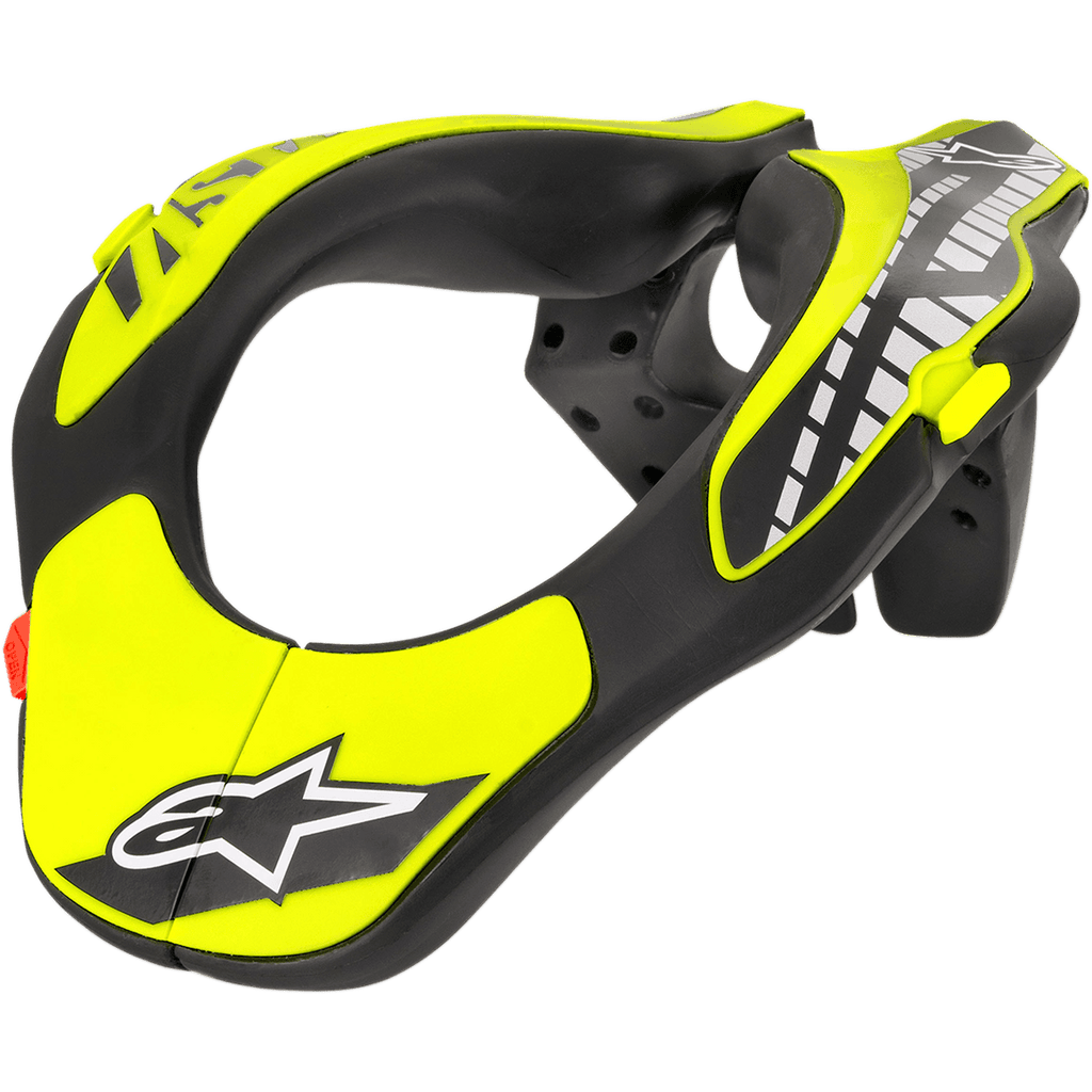 Alpinestars Youth Neck Support, motorcross nekbeschermer, zwart en fluogeel, voorzien van een ergonomisch geprofileerd frame met Alpinestars ster-logo, lichtgewicht constructie voor motorcross- en off-roadbescherming voor jongeren