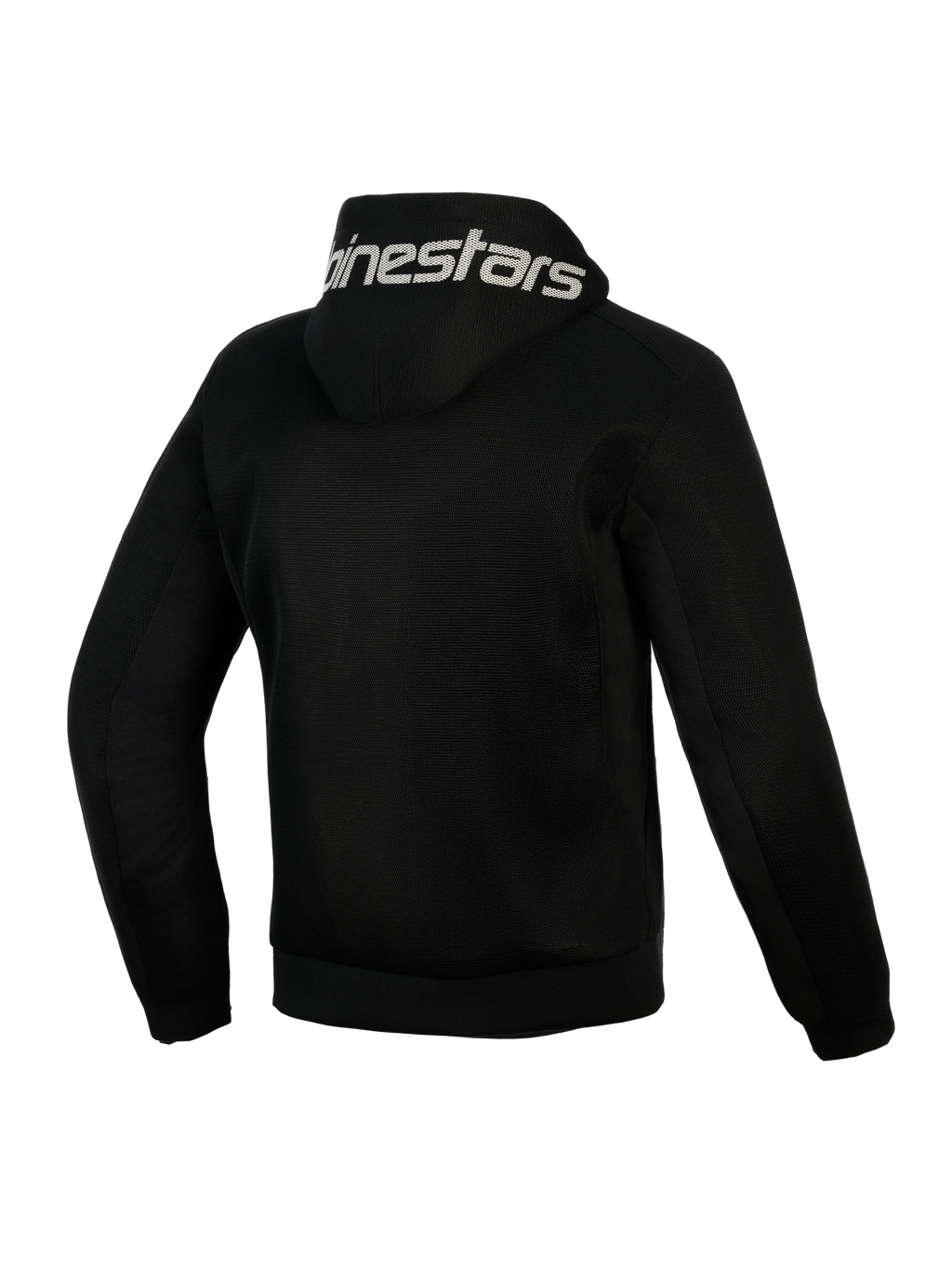 Alpinestars Chrome Superairflow Hoodie, noir, vue arrière, avec logo Alpinestars blanc sur la capuche, construction en maille technique 3D intégrale pour la ventilation, vêtement de protection moto pour temps chaud
