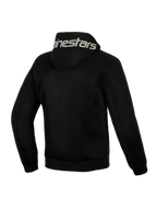 Alpinestars Chrome Superairflow Hoodie, noir, vue arrière, avec logo Alpinestars blanc sur la capuche, construction en maille technique 3D intégrale pour la ventilation, vêtement de protection moto pour temps chaud