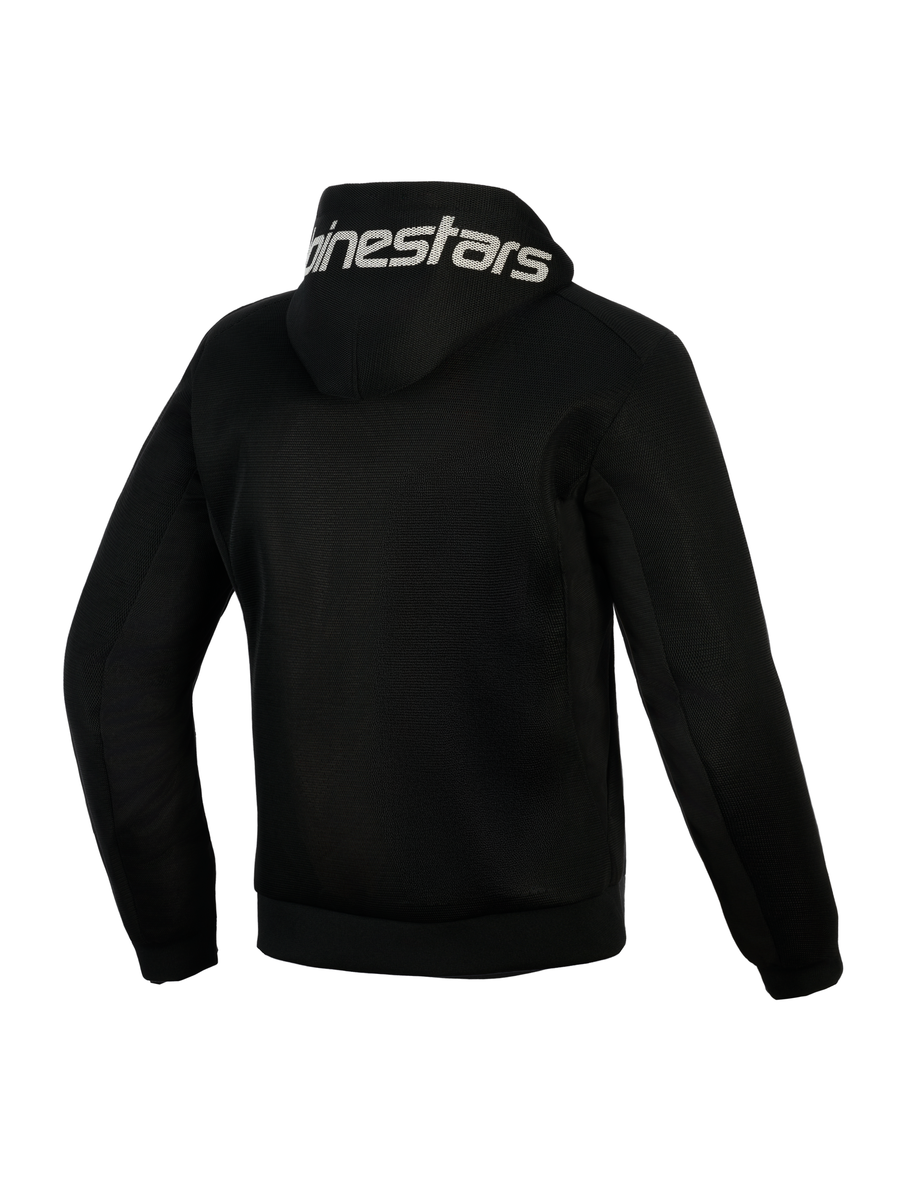 Alpinestars Chrome Superairflow Hoodie, noir, vue arrière, avec logo Alpinestars blanc sur la capuche, construction en maille technique 3D intégrale pour la ventilation, vêtement de protection moto pour temps chaud