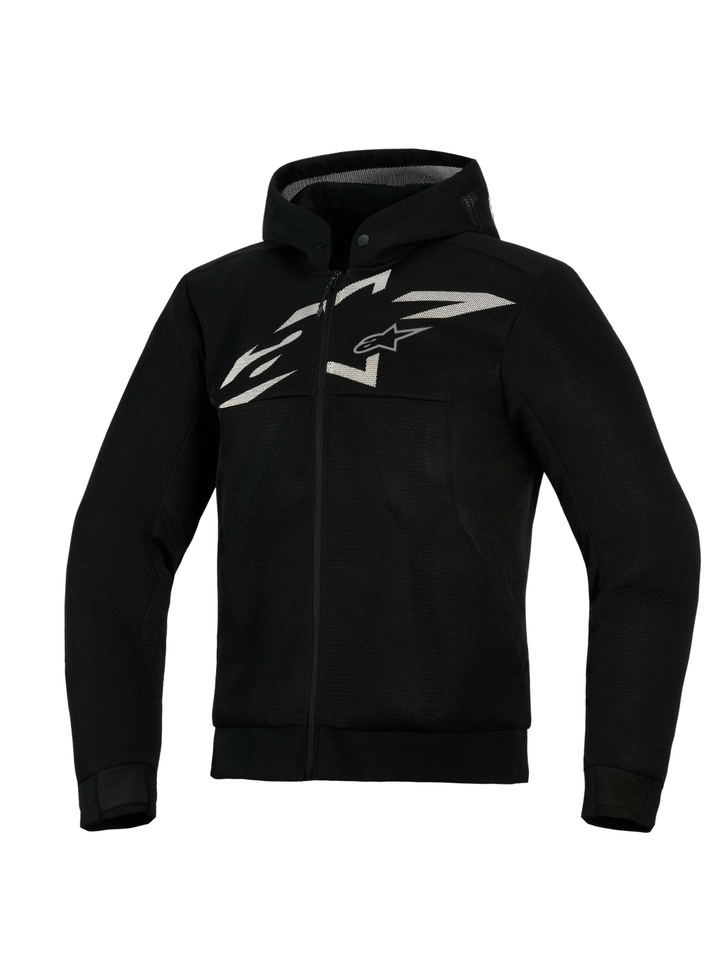 Alpinestars Chrome Superairflow Hoodie, sweat à capuche de moto ventilé, noir avec logo blanc et gris, doté d'une construction intégrale en maille 3D, design zippé à l'avant avec capuche intégrée, coupe athlétique pour la conduite sportive