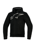 Alpinestars Chrome Superairflow Hoodie, sweat à capuche de moto ventilé, noir avec logo blanc et gris, doté d'une construction intégrale en maille 3D, design zippé à l'avant avec capuche intégrée, coupe athlétique pour la conduite sportive