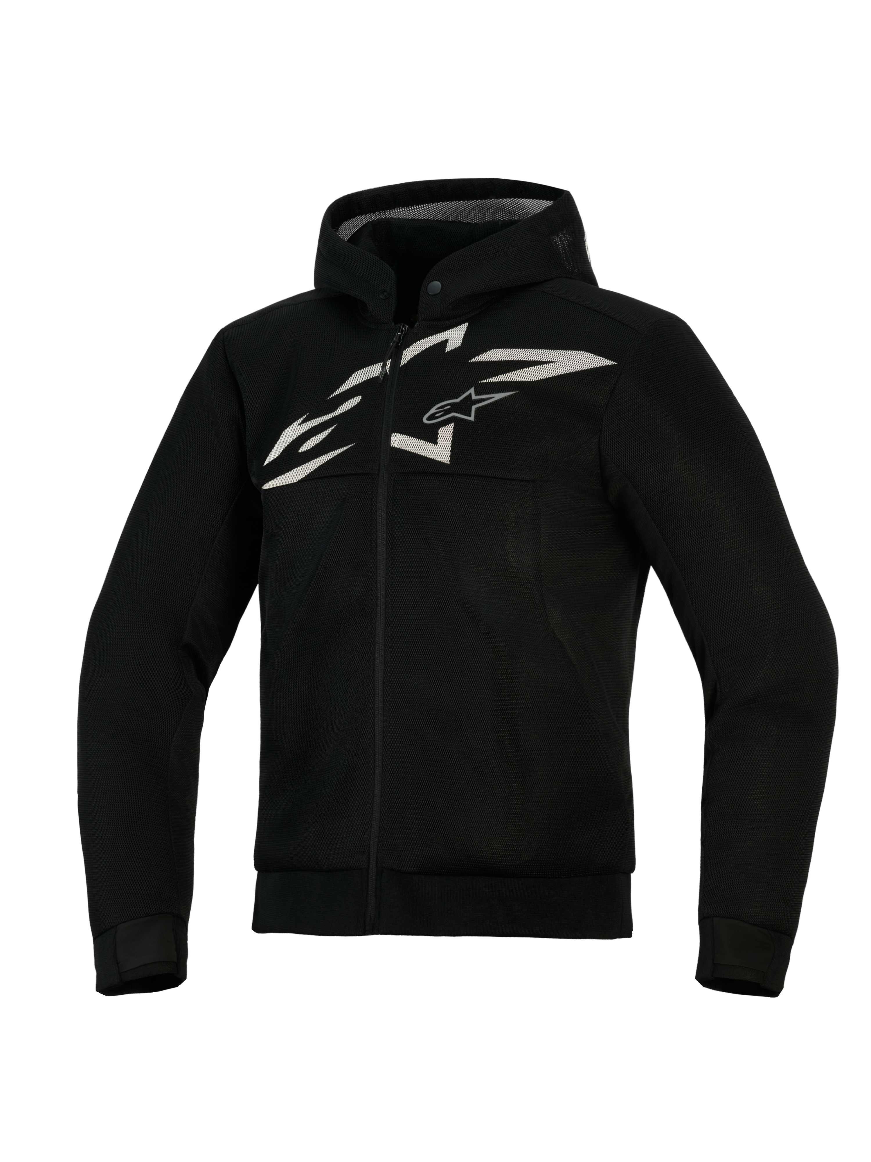 Alpinestars Chrome Superairflow Hoodie, sweat à capuche de moto ventilé, noir avec logo blanc et gris, doté d'une construction intégrale en maille 3D, design zippé à l'avant avec capuche intégrée, coupe athlétique pour la conduite sportive