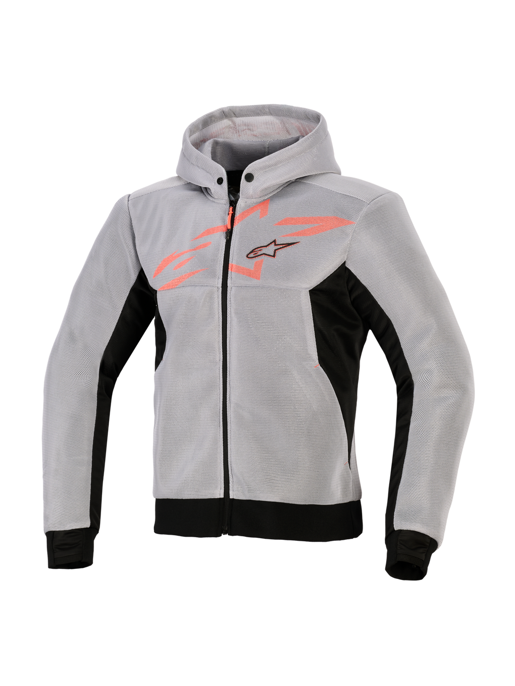 Alpinestars Chrome Superairflow Hoodie, hoodie technique pour la moto, noir, gris moyen et rouge fluo, construction en maille technique 3D, gris clair avec empiècements latéraux et ourlet noirs, motif graphique rouge fluo sur la poitrine avec logo étoile Alpinestars, équipement de moto sportif
