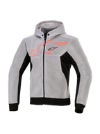 Alpinestars Chrome Superairflow Hoodie, hoodie technique pour la moto, noir, gris moyen et rouge fluo, construction en maille technique 3D, gris clair avec empiècements latéraux et ourlet noirs, motif graphique rouge fluo sur la poitrine avec logo étoile Alpinestars, équipement de moto sportif