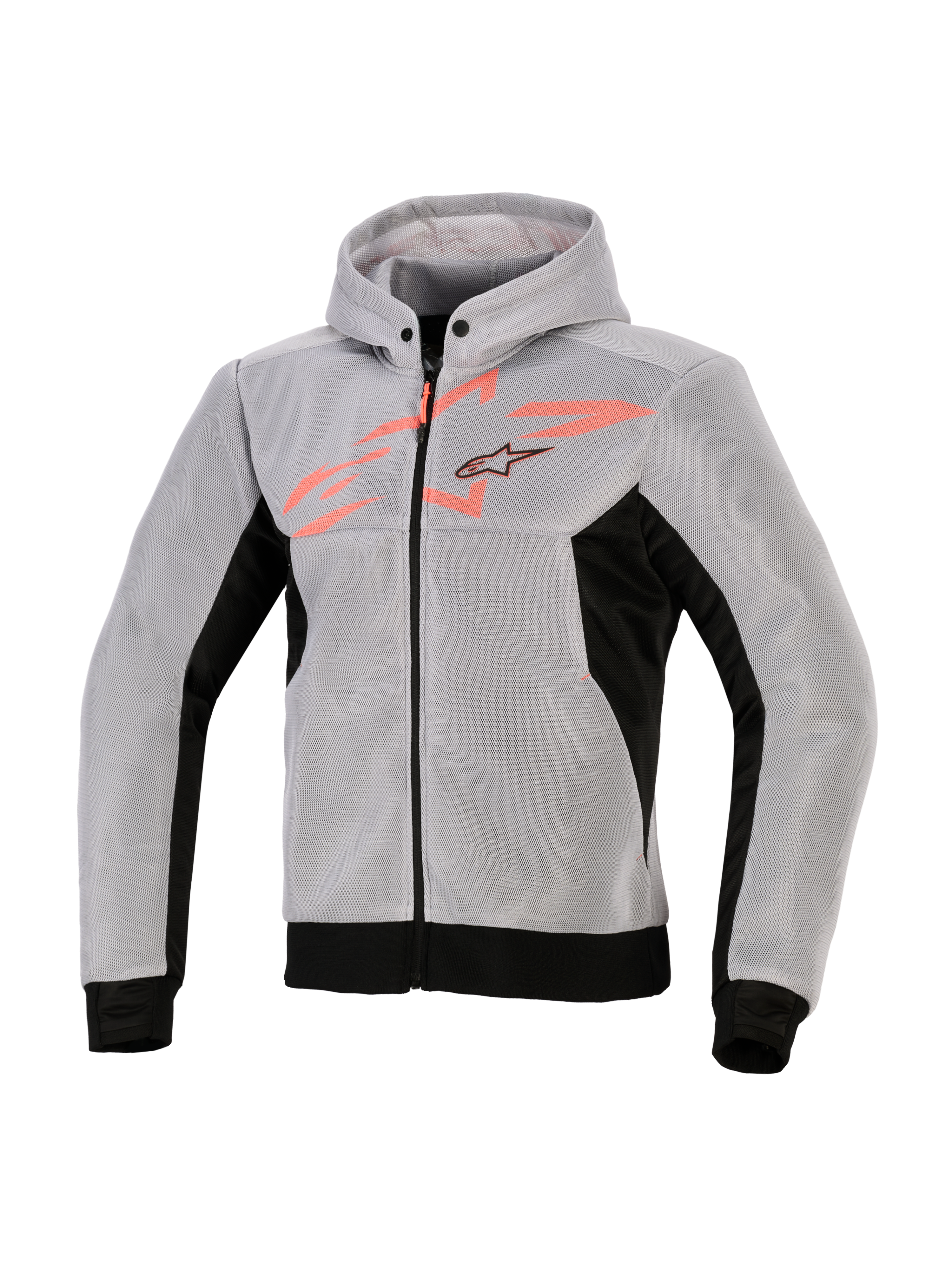 Alpinestars Chrome Superairflow Hoodie, hoodie technique pour la moto, noir, gris moyen et rouge fluo, construction en maille technique 3D, gris clair avec empiècements latéraux et ourlet noirs, motif graphique rouge fluo sur la poitrine avec logo étoile Alpinestars, équipement de moto sportif