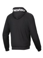 Alpinestars Chrome V2 Sport Hoodie, zwarte urban herenmotorjas van tech fleece, achteraanzicht met wit logo op de capuchon.
