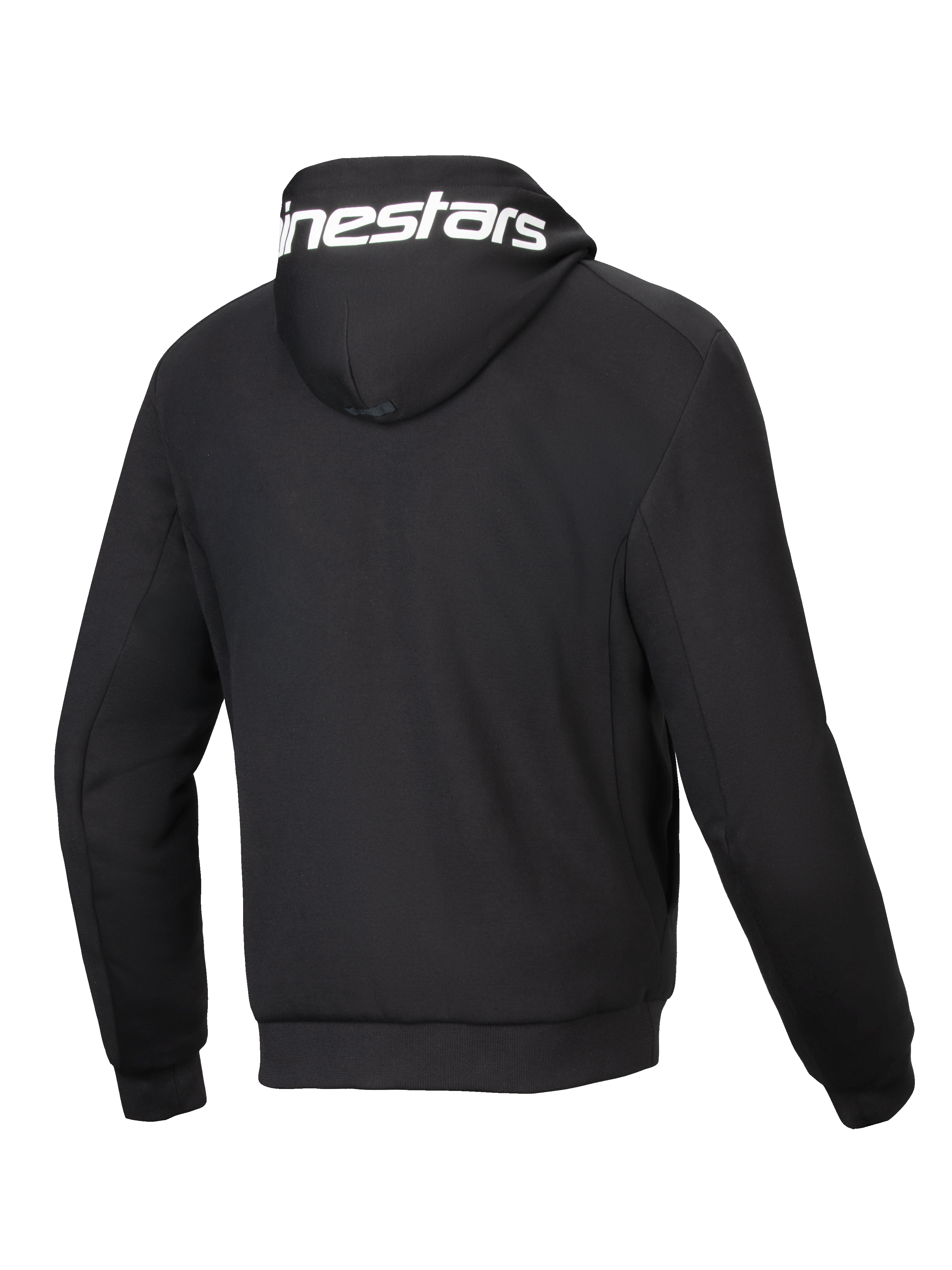 Alpinestars Chrome V2 Sport Hoodie, zwarte urban herenmotorjas van tech fleece, achteraanzicht met wit logo op de capuchon.