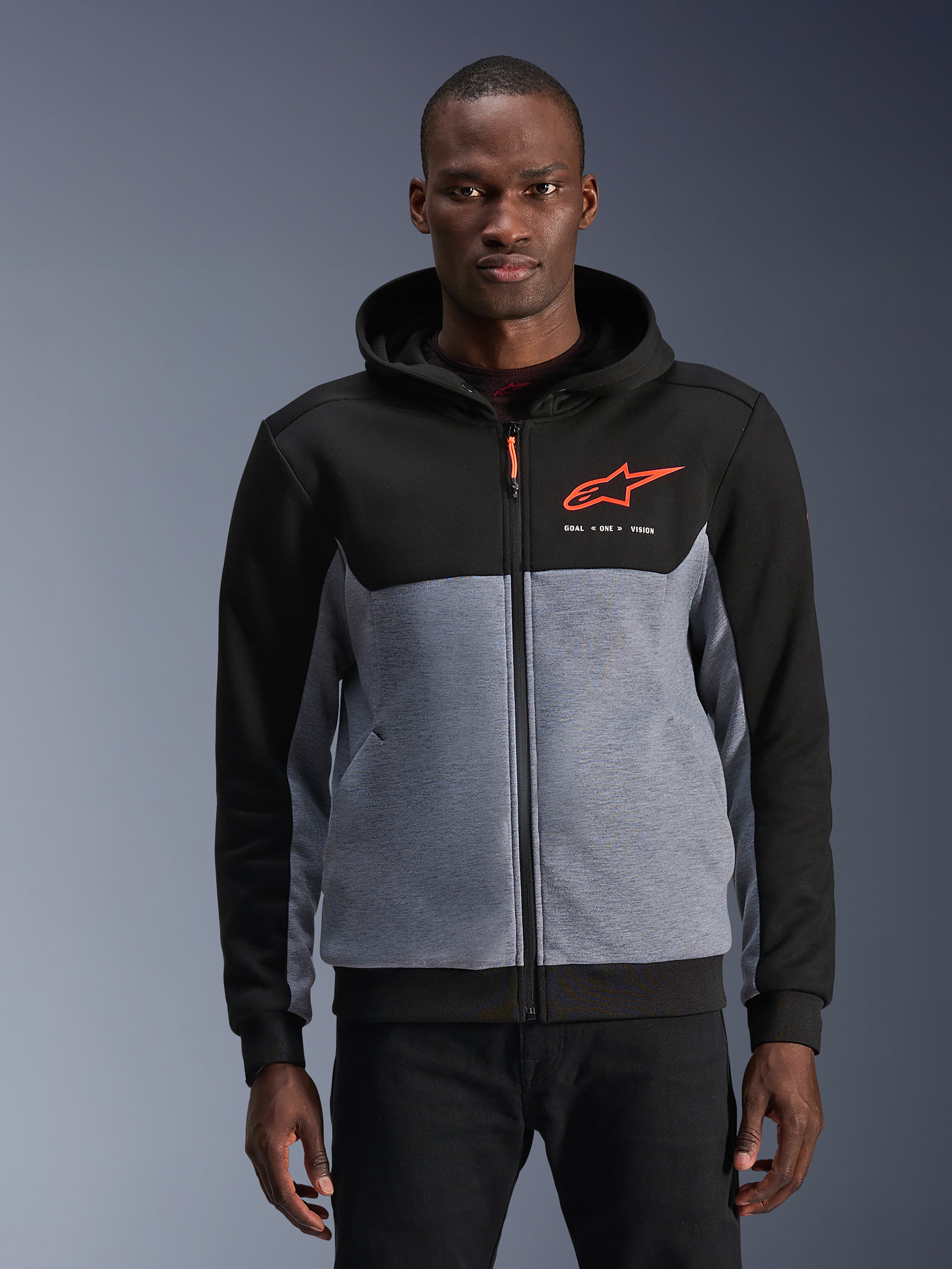 Alpinestars Chrome V2 Sport Hoodie, urban motorcycle jacket, men's, black and gray heather with red fluo logo, textile.