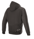 Alpinestars Rhod Windstopper Hoodie, stedelijk motorjack, zwart gemêleerd, achteraanzicht met een afneembare capuchon, geribbelde manchetten en zoom, en een subtiel sterlogo op de achterkant.