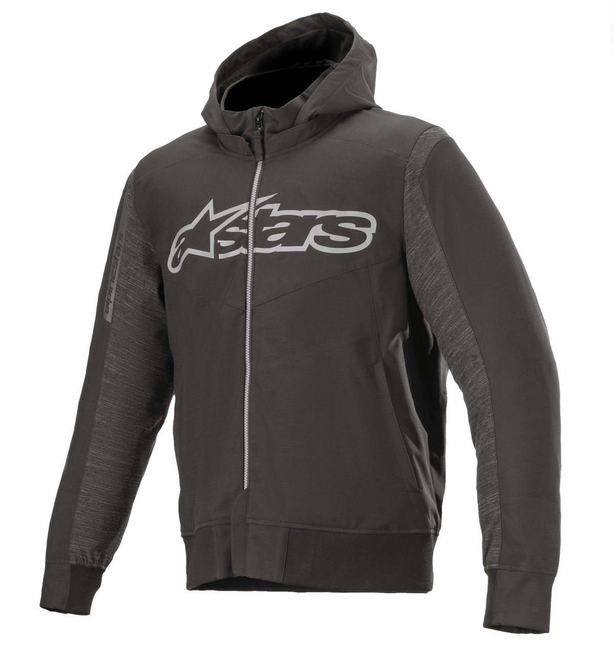 Alpinestars Rhod Windstopper hoodie, gemêleerd zwart en donkergrijs, groot lichtgrijs Astars-logo op de borst, motorjas met ritssluiting en capuchon, gestructureerde zijpanelen, geribbelde manchetten en tailleband, urban beschermende motorkleding