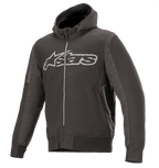 Alpinestars Rhod Windstopper hoodie, gemêleerd zwart en donkergrijs, groot lichtgrijs Astars-logo op de borst, motorjas met ritssluiting en capuchon, gestructureerde zijpanelen, geribbelde manchetten en tailleband, urban beschermende motorkleding