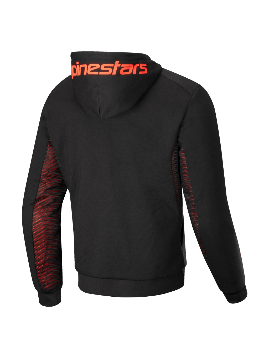 Alpinestars Sweat À Capuche Chrome Air Sport, sweat à capuche de moto pour homme, vue de dos montrant une construction en polaire technique noire, des panneaux latéraux et sous les manches en mesh rouge fluo, et un grand logo Alpinestars sur la capuche, certifié CE classe A