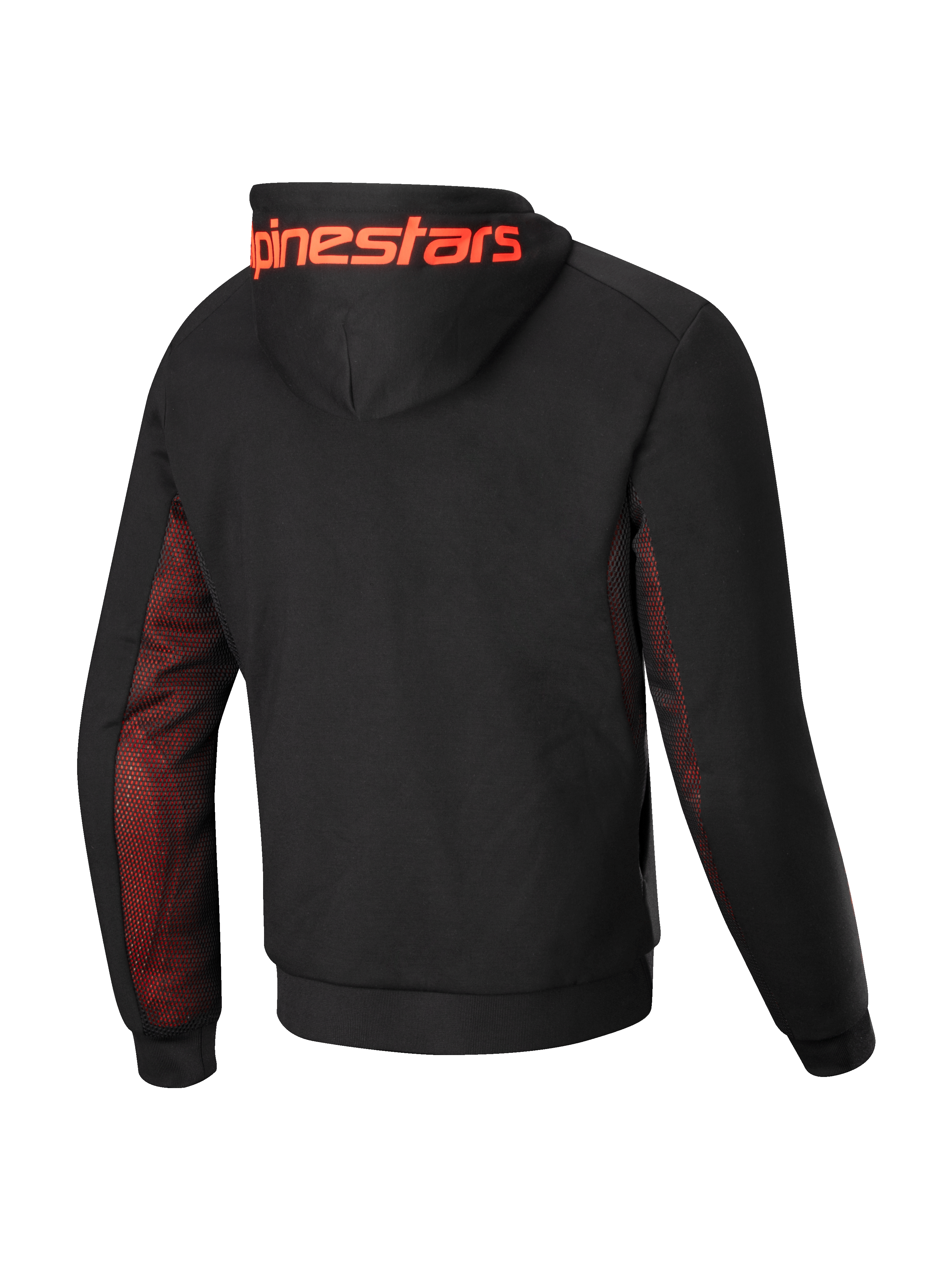 Alpinestars Sweat À Capuche Chrome Air Sport, sweat à capuche de moto pour homme, vue de dos montrant une construction en polaire technique noire, des panneaux latéraux et sous les manches en mesh rouge fluo, et un grand logo Alpinestars sur la capuche, certifié CE classe A