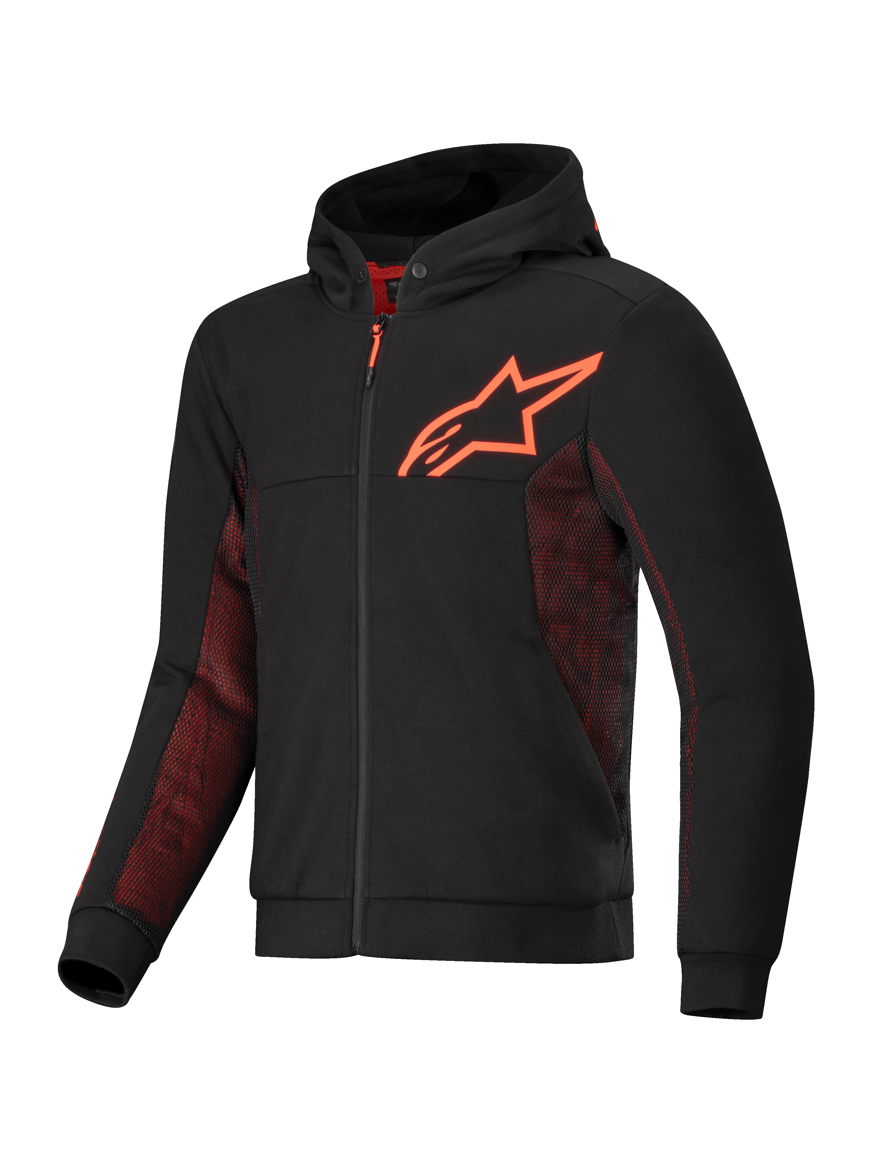 Alpinestars Sweat À Capuche Chrome Air Sport, veste de moto pour conduite urbaine, noire et rouge fluo, avec construction en polaire technique et panneaux en mesh ventilé