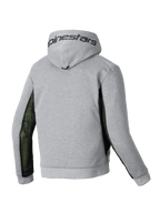 Alpinestars Chrome Air Sport Hoodie, men's motorcycle riding hoodie, rear view showing gray heather and black colorway with airflow mesh side panels and Alpinestars branding on the hood