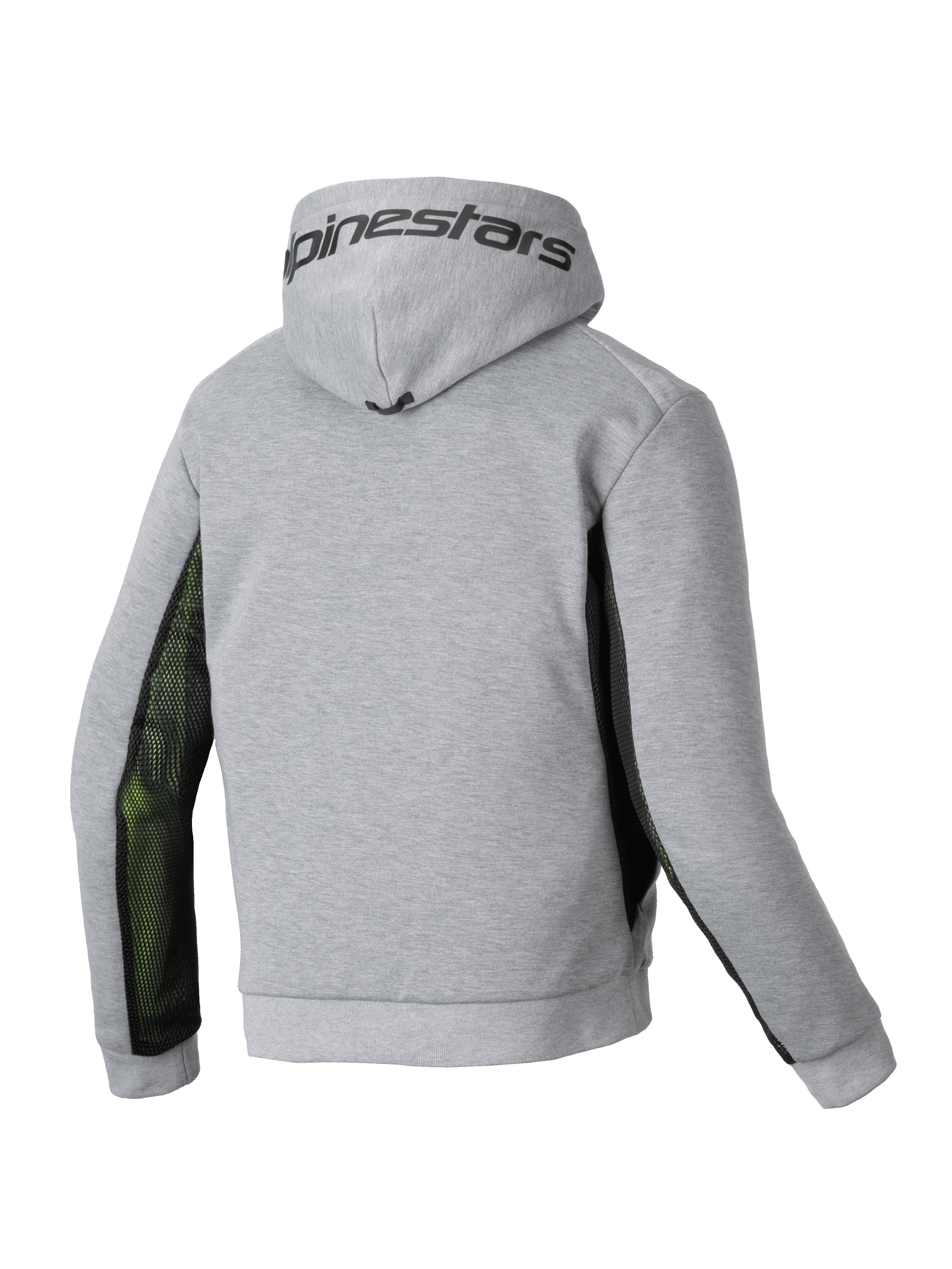 Alpinestars Chrome Air Sport Hoodie, men's motorcycle riding hoodie, rear view showing gray heather and black colorway with airflow mesh side panels and Alpinestars branding on the hood