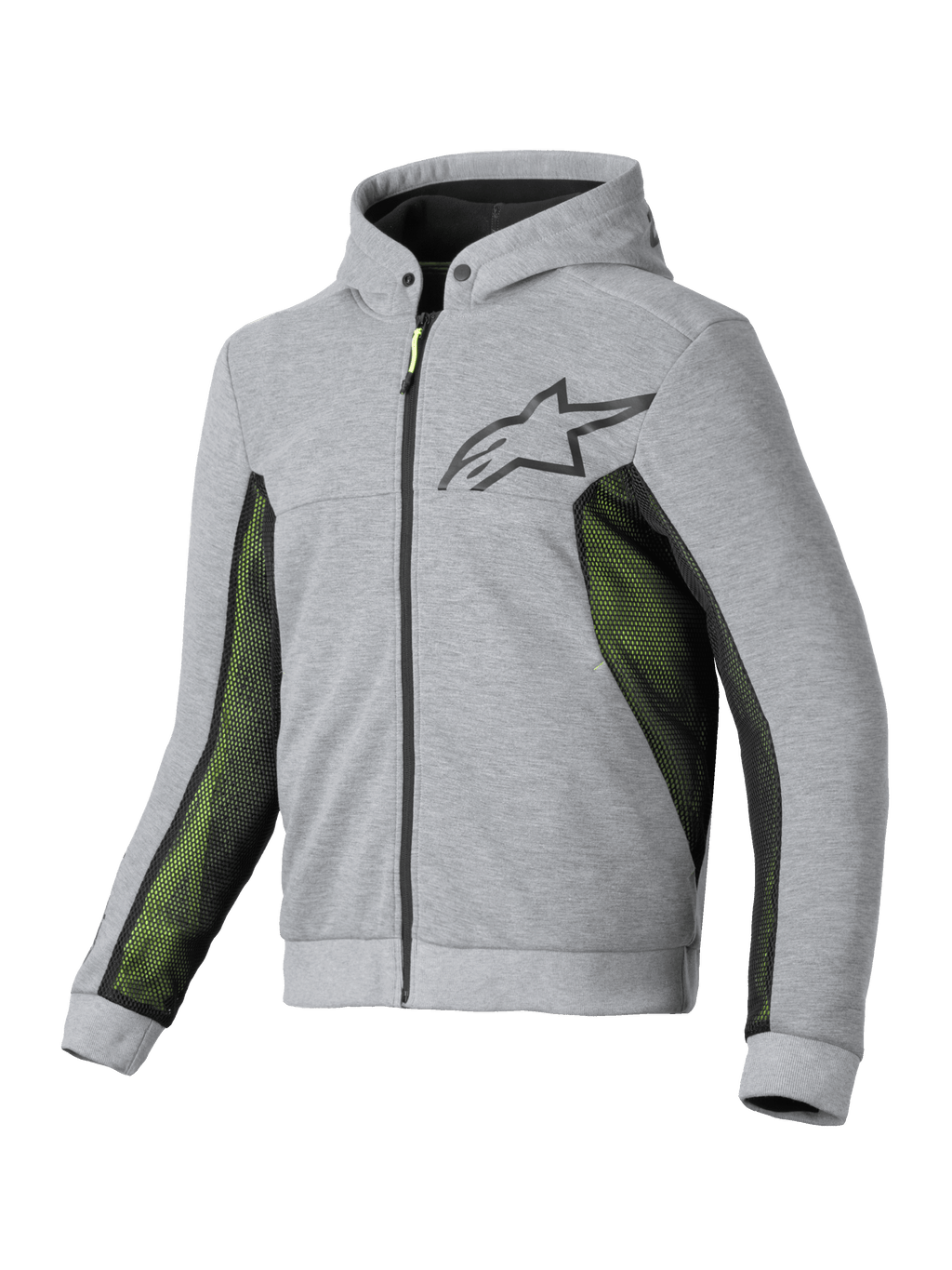 Alpinestars Chrome Air Sport Hoodie, men's motorcycle riding hoodie in Gray Heather Black with high-flow mesh ventilation panels, CE certified protection