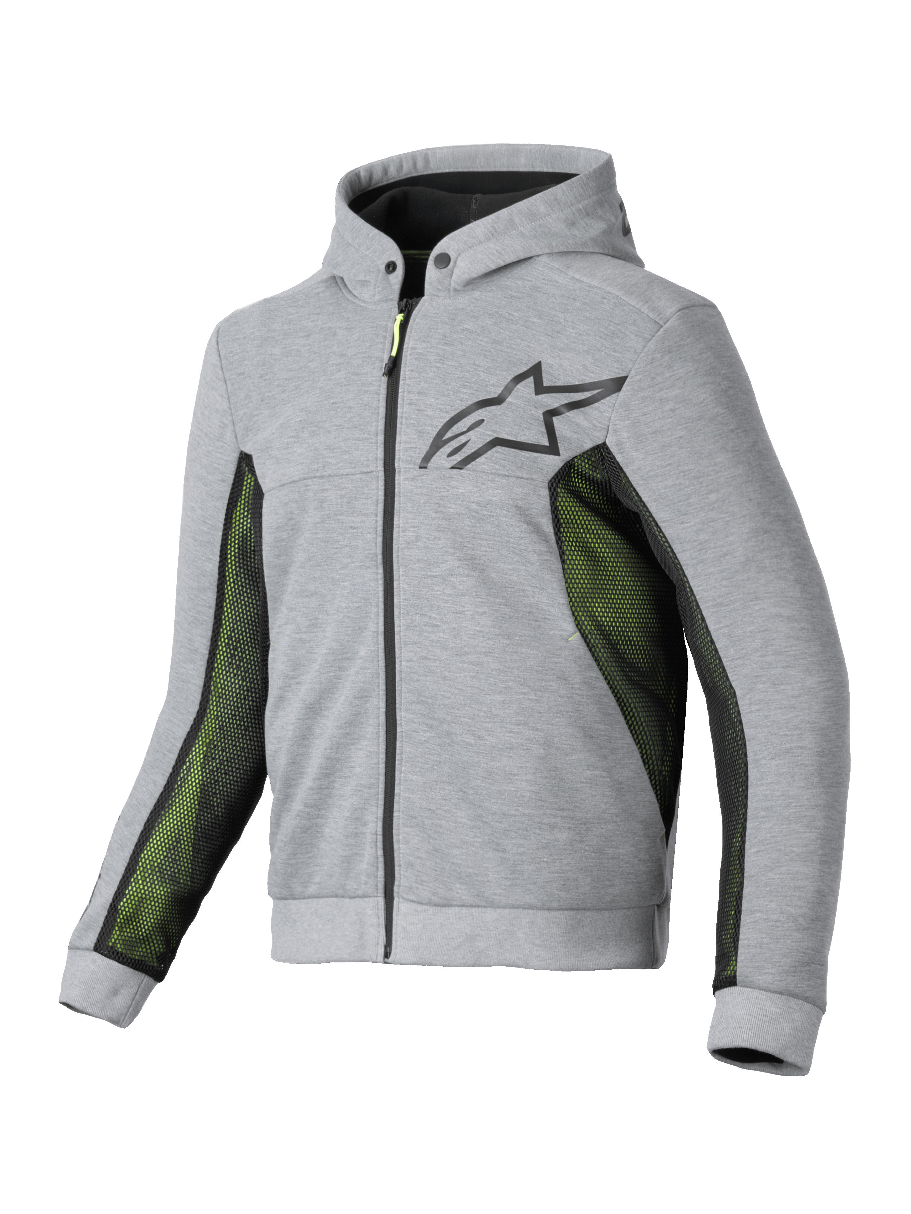 Alpinestars Chrome Air Sport Hoodie, men's motorcycle riding hoodie in Gray Heather Black with high-flow mesh ventilation panels, CE certified protection