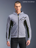 Alpinestars Chrome Air Sport Hoodie, men's urban riding motorcycle hoodie in gray heather and black, front view on a model showing airflow mesh panels and chest logo.