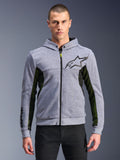 Alpinestars Chrome Air Sport Hoodie, Grau meliert und Schwarz, urbaner Riding-Hoodie mit durchgehendem Reißverschluss, schwarzes Stern-Logo, markante schwarz-gelbe Mesh-Seiteneinsätze, Motorsport-inspirierte lässige Streetwear