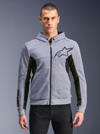 Alpinestars Chrome Air Sport Hoodie, Grau meliert und Schwarz, urbaner Riding-Hoodie mit durchgehendem Reißverschluss, schwarzes Stern-Logo, markante schwarz-gelbe Mesh-Seiteneinsätze, Motorsport-inspirierte lässige Streetwear