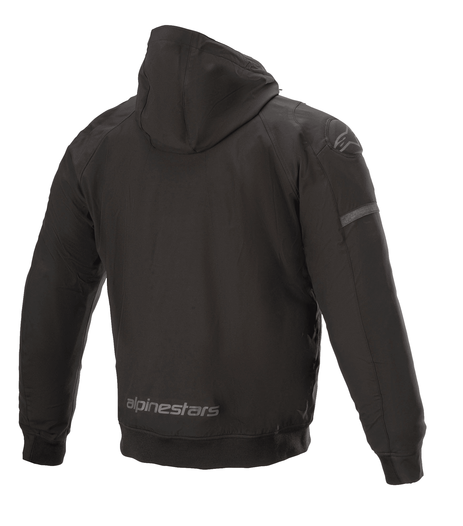Alpinestars Sektor Tech V2 Hoodie, zwarte motorjas, achteraanzicht met windbestendige textiele buitenlaag, reflecterende Alpinestars-branding op de onderste zoom, driedimensionale schouder-inzetstukken en technisch urban ontwerp.
