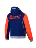 Alpinestars MM93 Chrome V2 sporthoodie, motorhoodie voor heren, achterzijde met blauwe, marineblauwe, grijze en fluorerend rode kleuren, Marc Marquez-graphics en CE-certificering