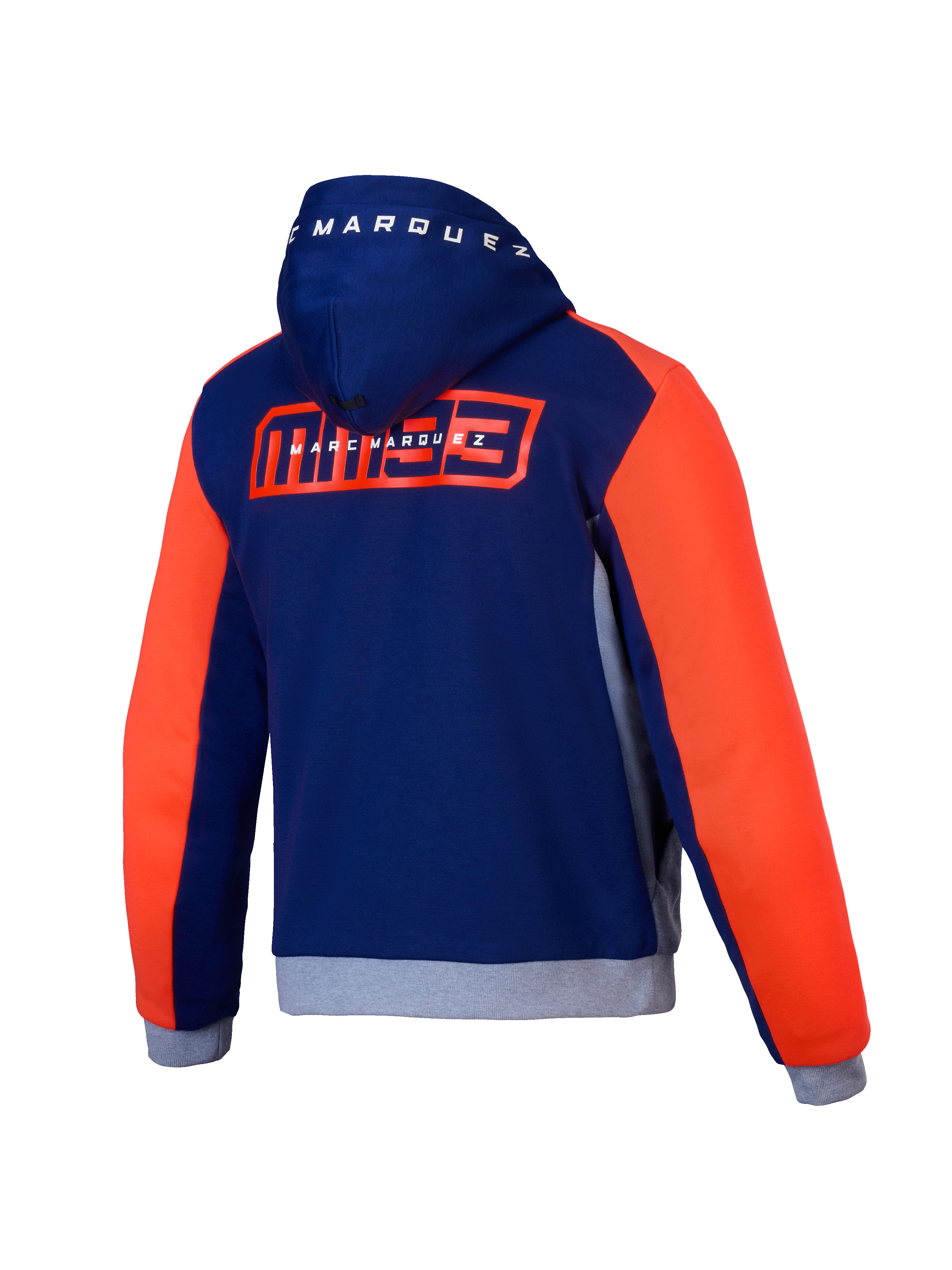 Alpinestars MM93 Chrome V2 sporthoodie, motorhoodie voor heren, achterzijde met blauwe, marineblauwe, grijze en fluorerend rode kleuren, Marc Marquez-graphics en CE-certificering